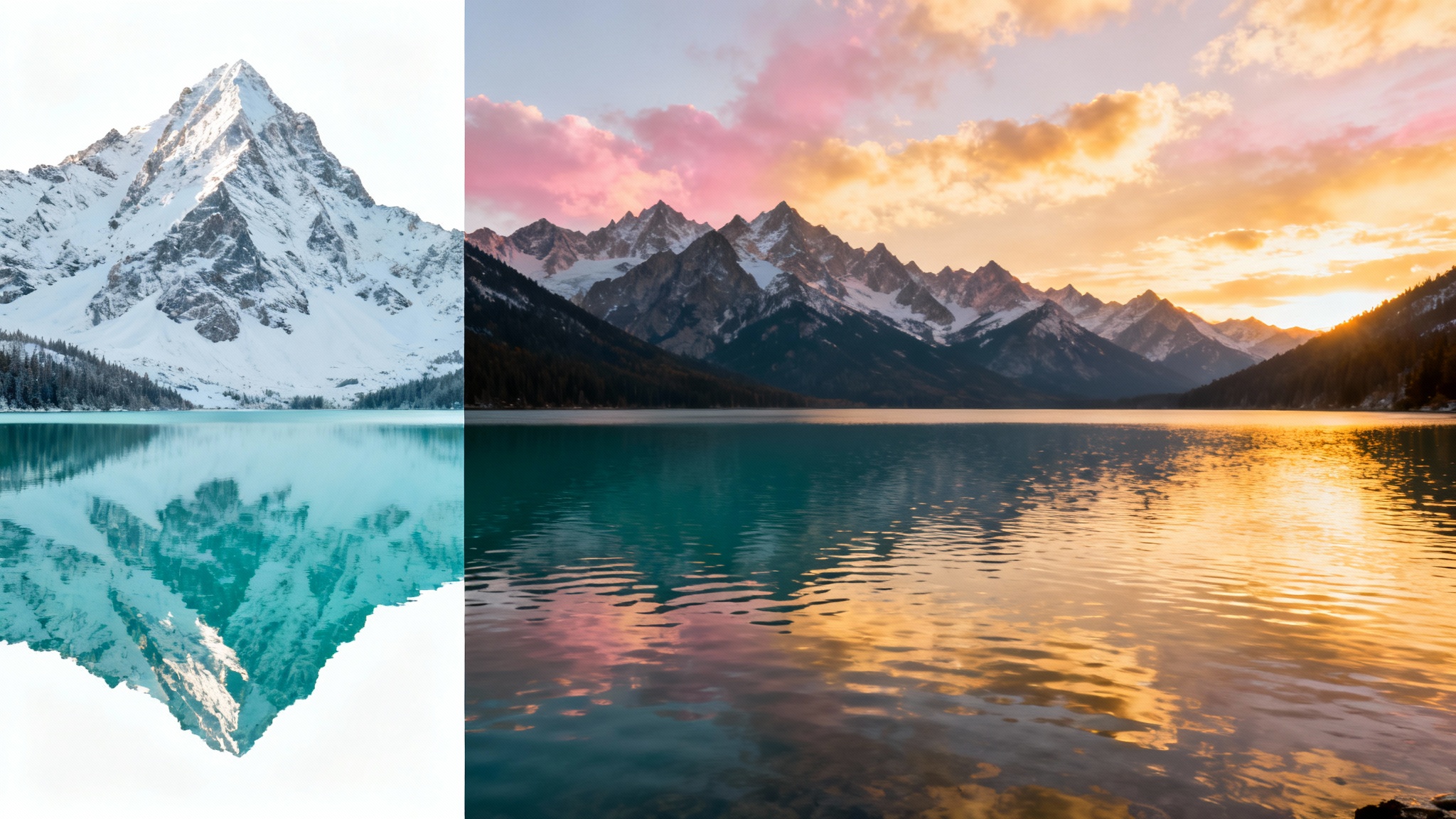 A visual demonstration of converting a vertical image to horizontal. A vertical photo of a mountain peak expands into a wide, panoramic landscape of the entire mountain range and lake.