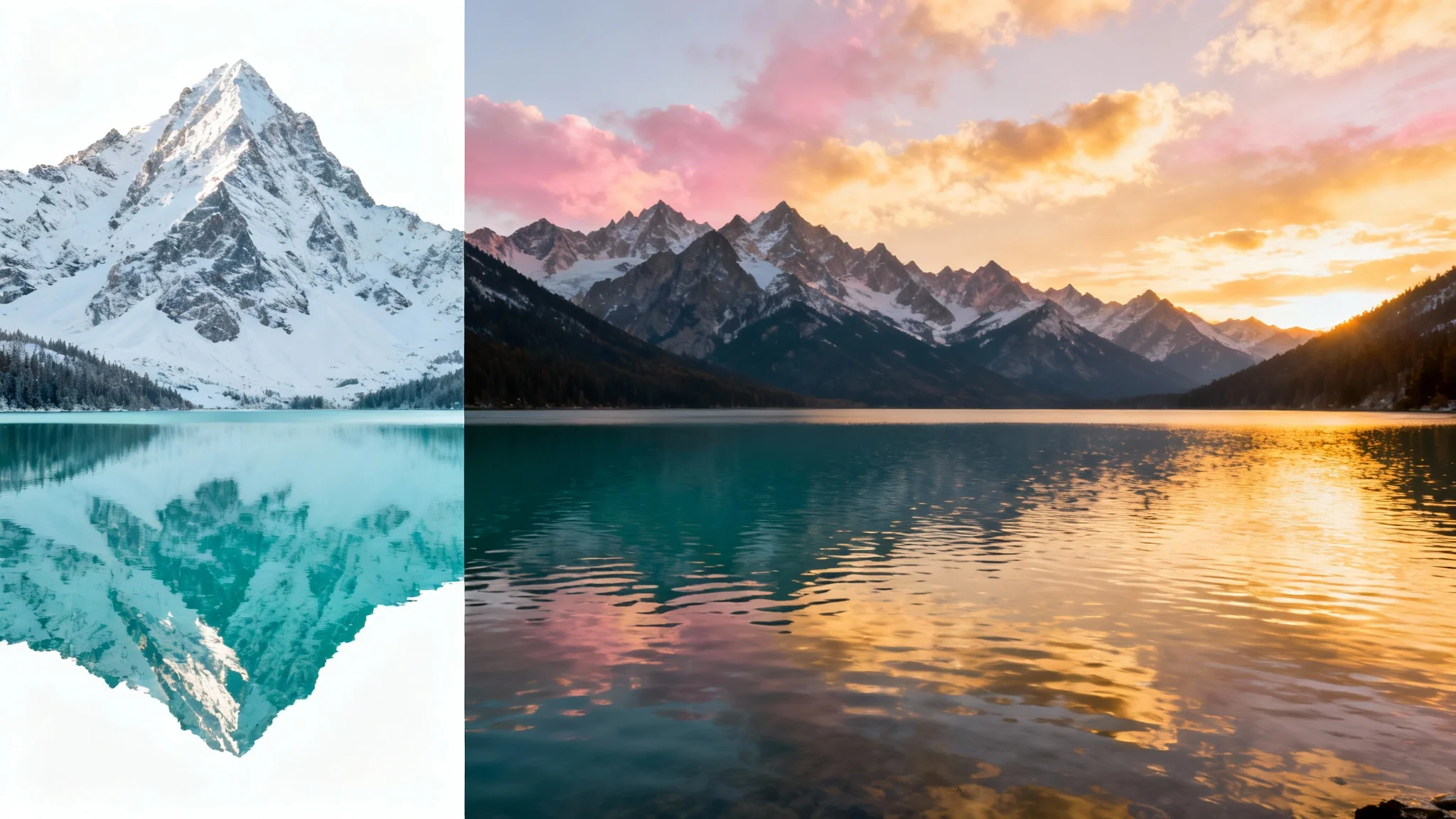A visual demonstration of converting a vertical image to horizontal. A vertical photo of a mountain peak expands into a wide, panoramic landscape of the entire mountain range and lake.
