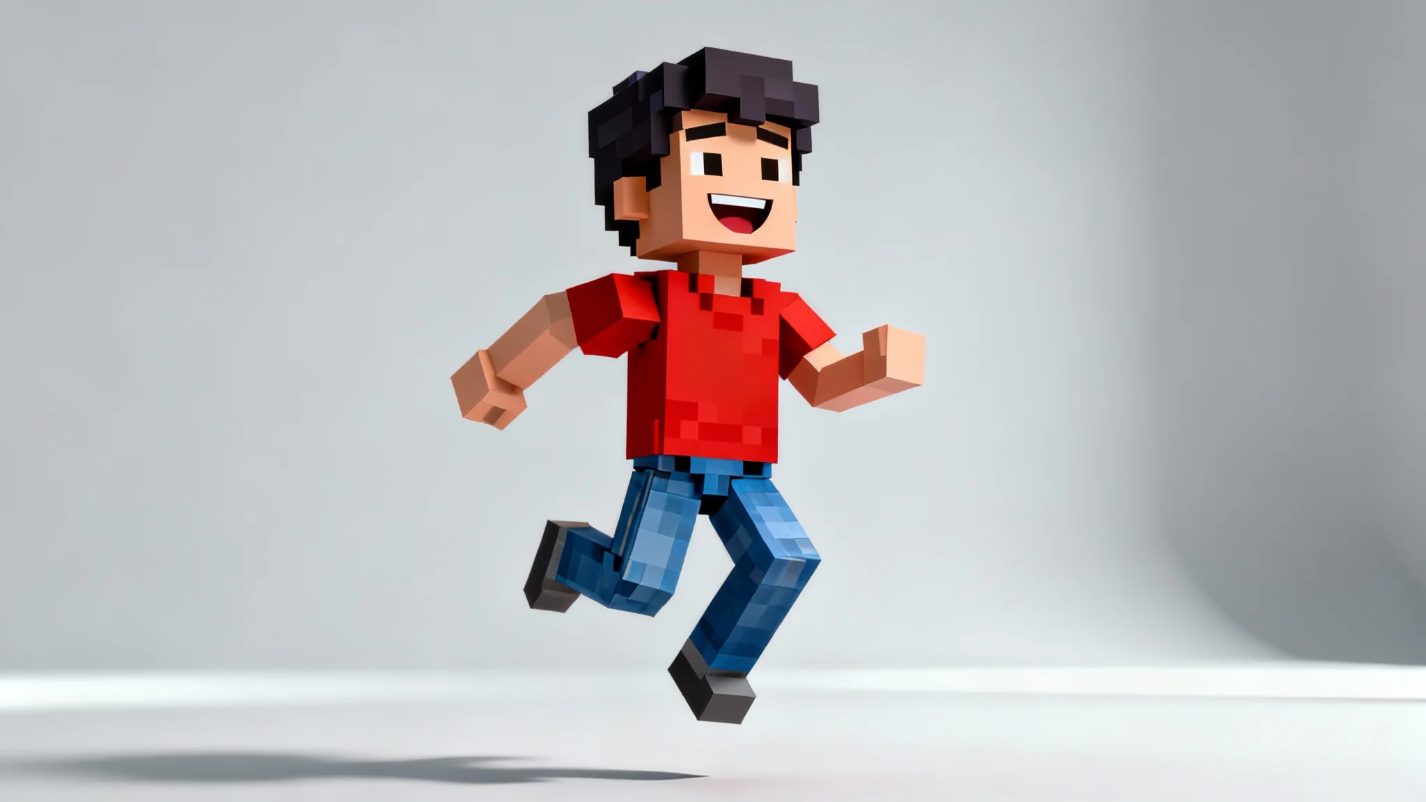 A final 3D character design of a young man created in a blocky, voxel art style. He has dark hair, a red shirt, and blue jeans, and is shown in a dynamic jumping pose against a clean studio background, showcasing a polished final result.