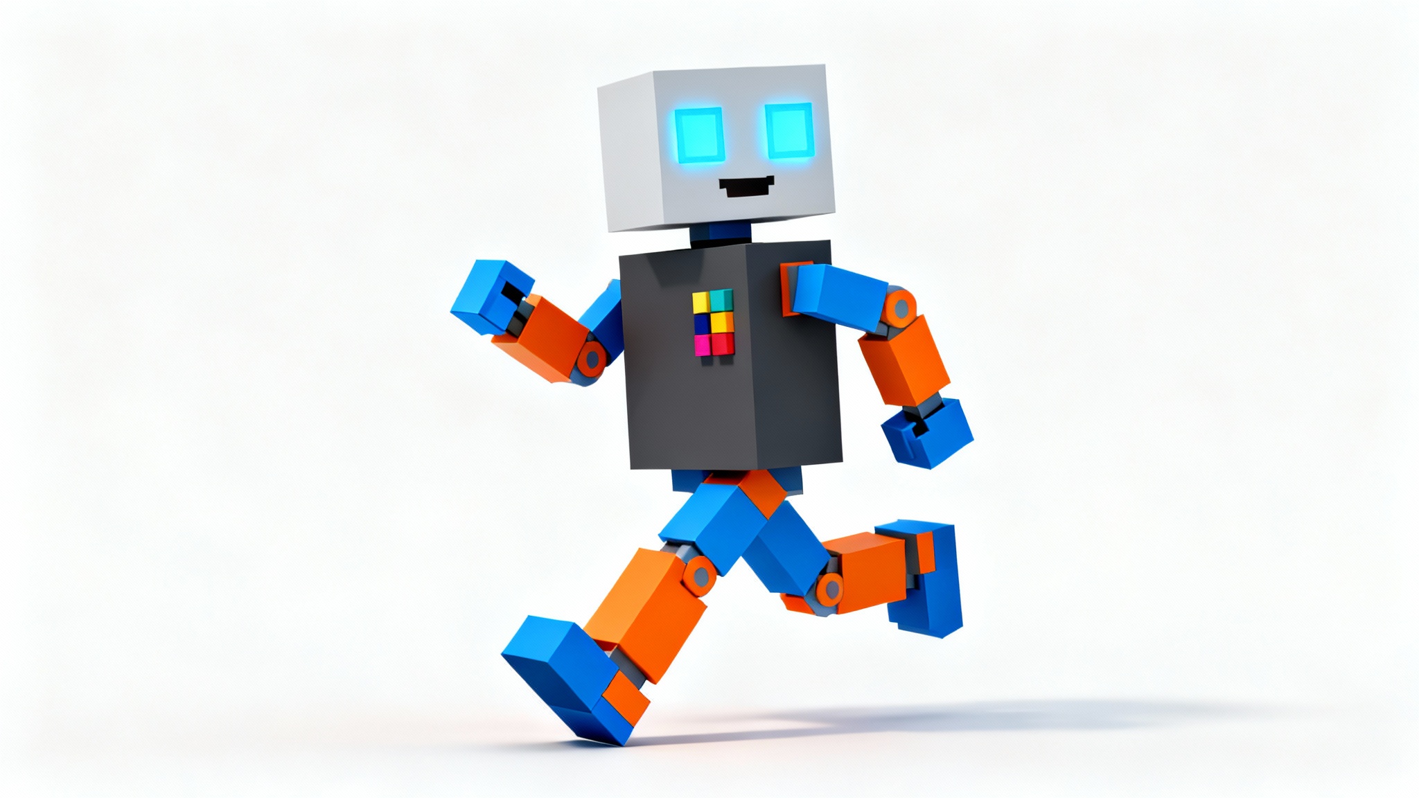 A 3D rendering of a friendly robot character made of colorful blocks, in a voxel art style, posed dynamically against a plain white background.