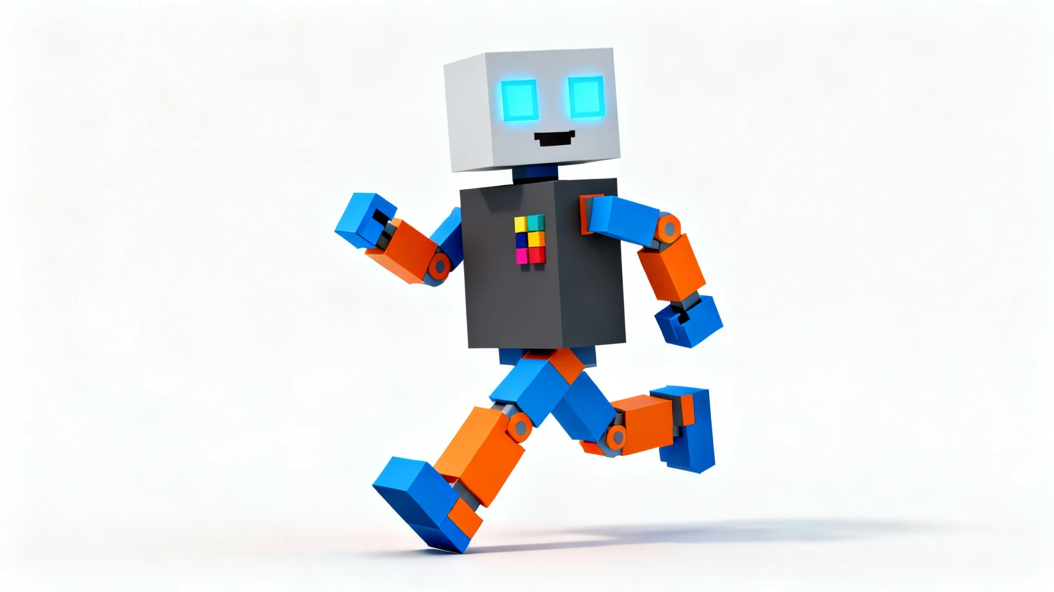 A 3D rendering of a friendly robot character made of colorful blocks, in a voxel art style, posed dynamically against a plain white background.
