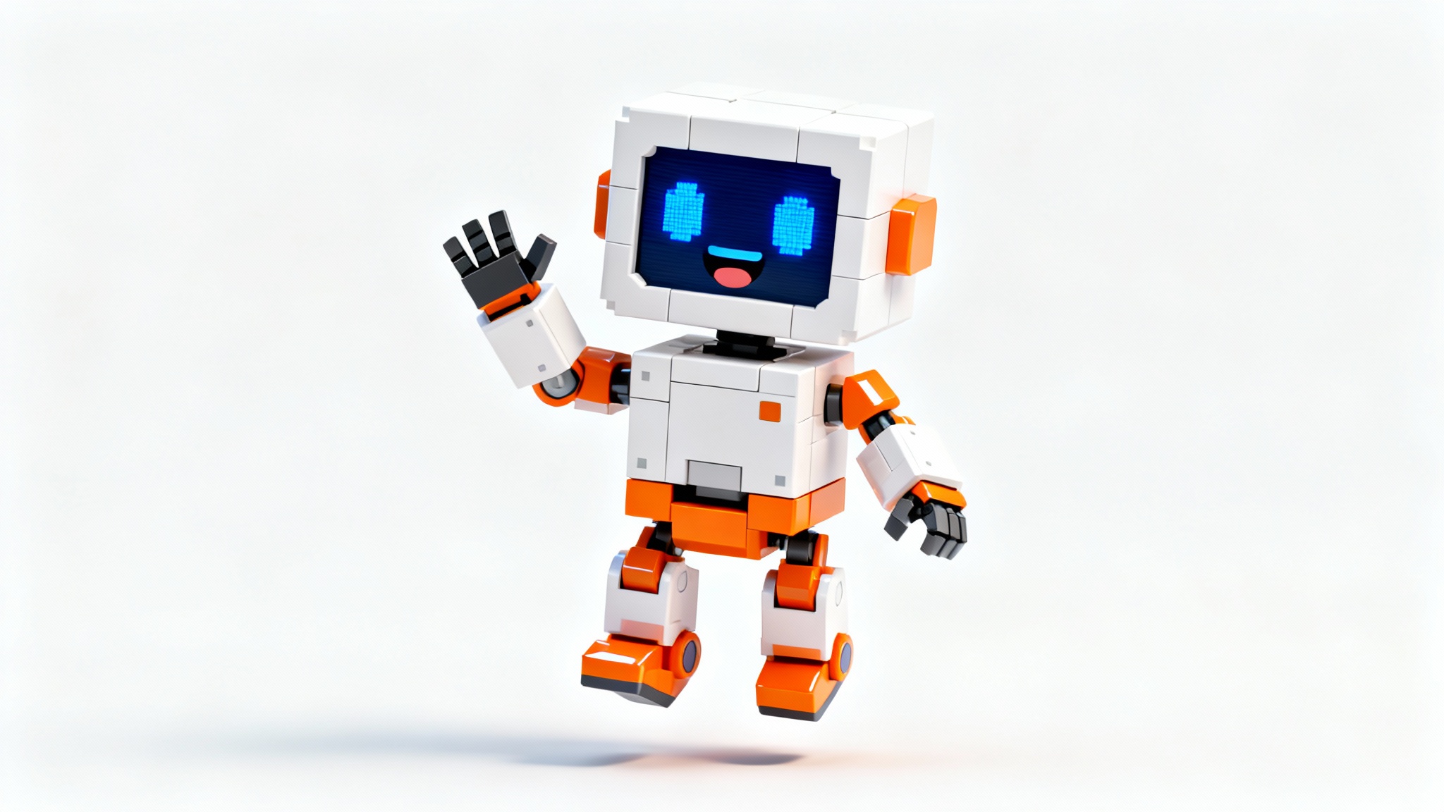 A 3D rendered character of a friendly robot, designed in a blocky, cube-based art style, waving cheerfully against a plain white background.