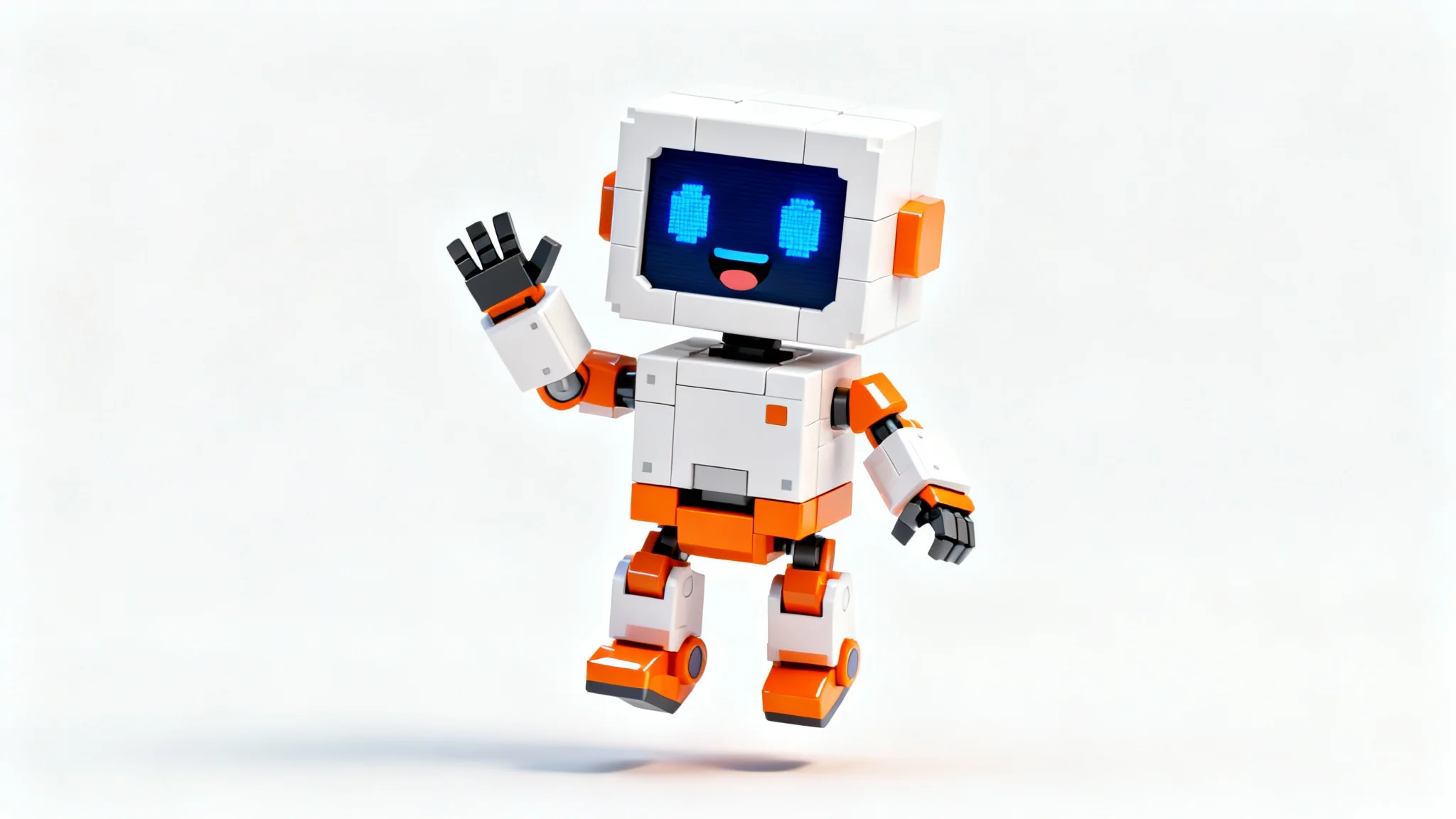 A 3D rendered character of a friendly robot, designed in a blocky, cube-based art style, waving cheerfully against a plain white background.