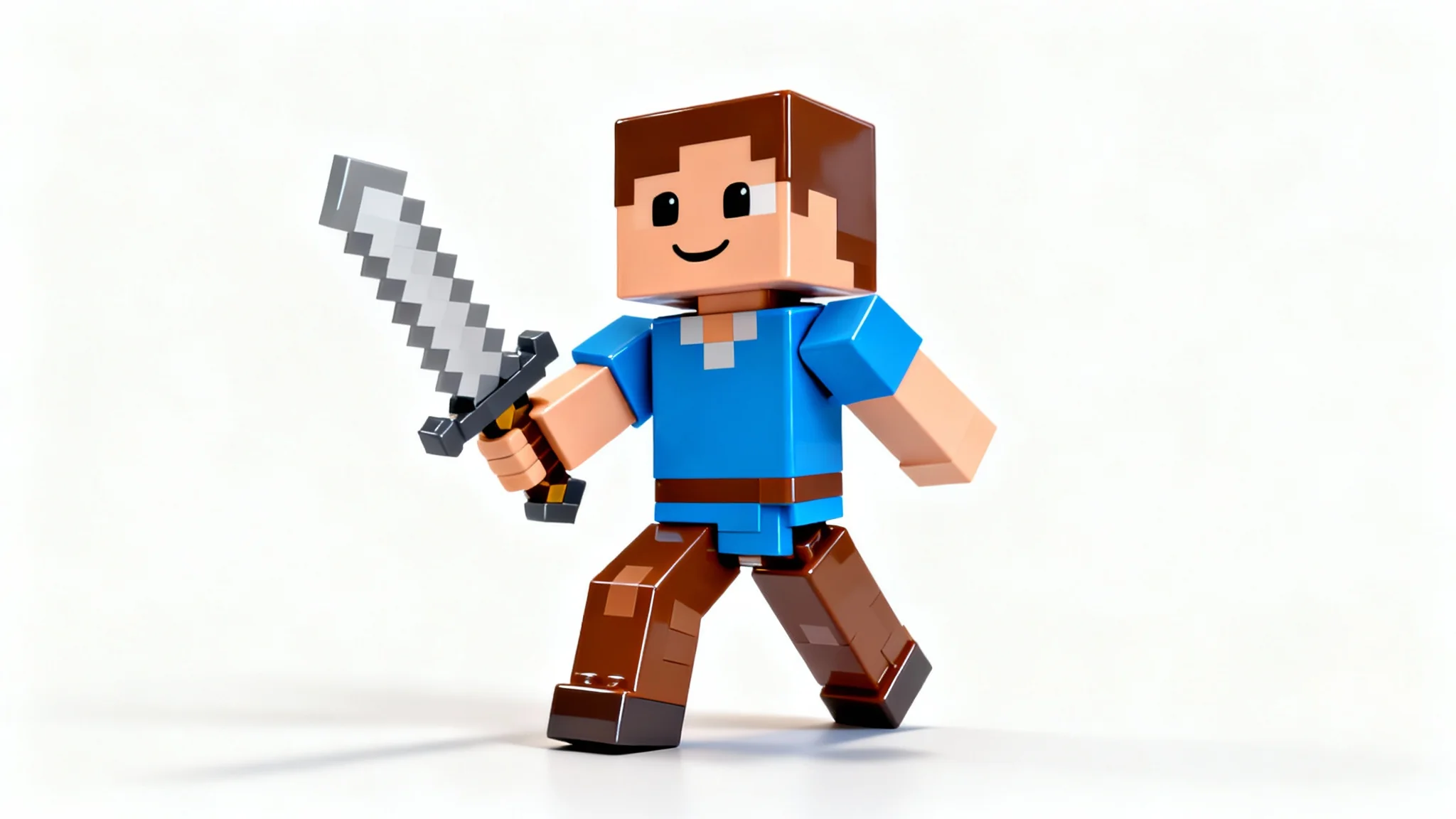 A 3D character made of colorful blocks, styled like a video game adventurer, holding a sword against a white background.