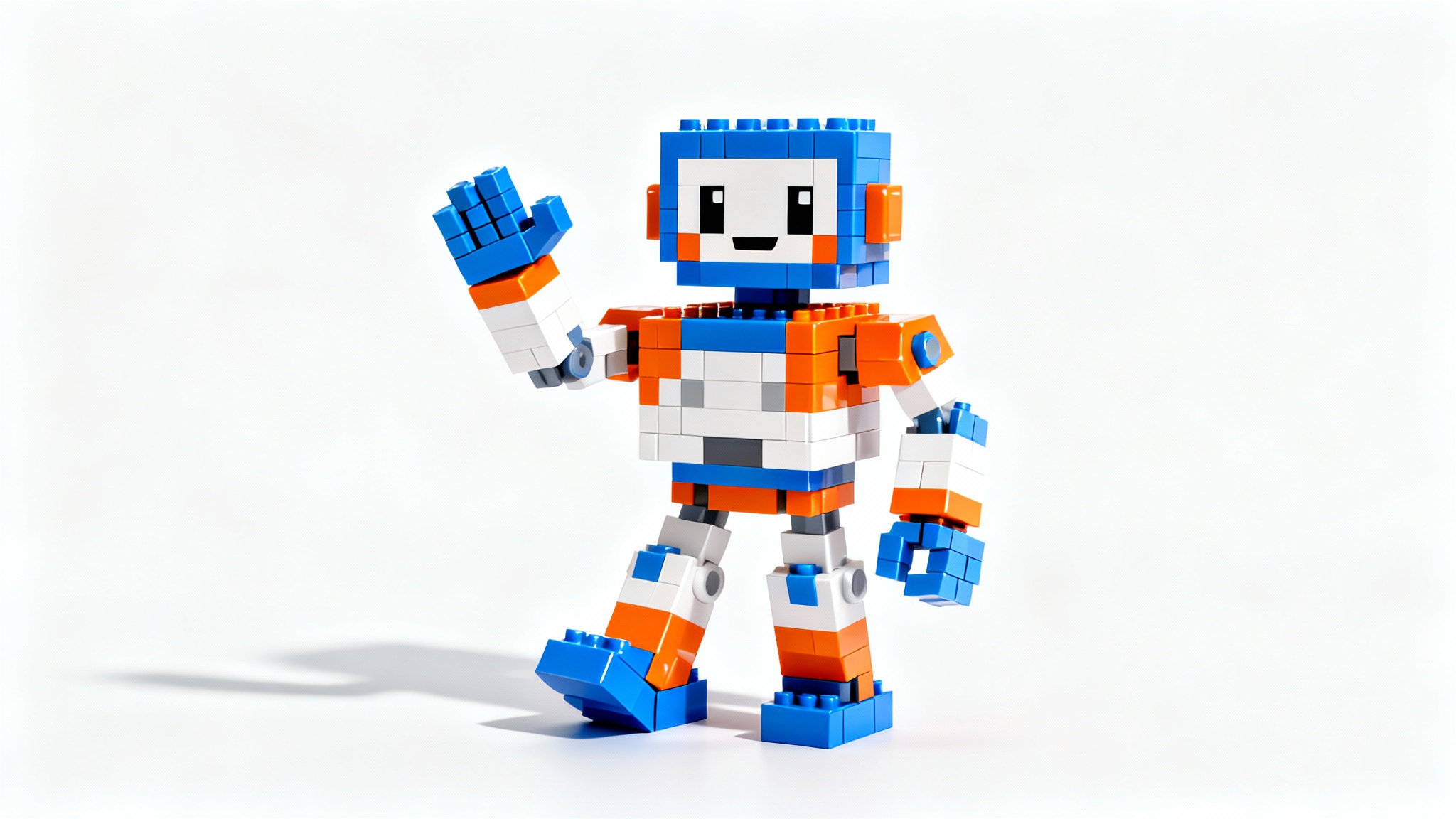 A 3D rendering of a friendly robot character made of colorful blocks, waving against a clean white background.