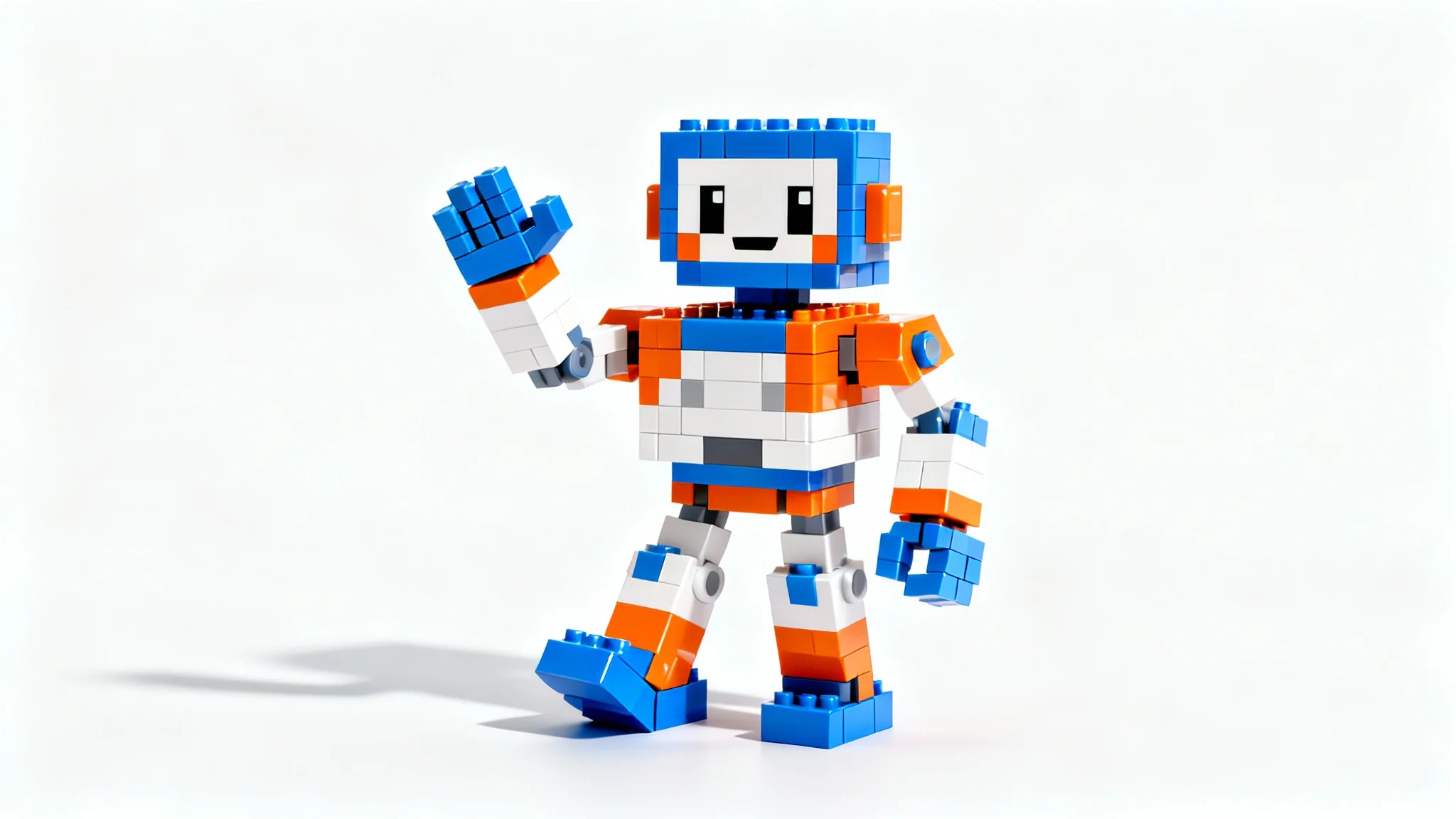 A 3D rendering of a friendly robot character made of colorful blocks, waving against a clean white background.