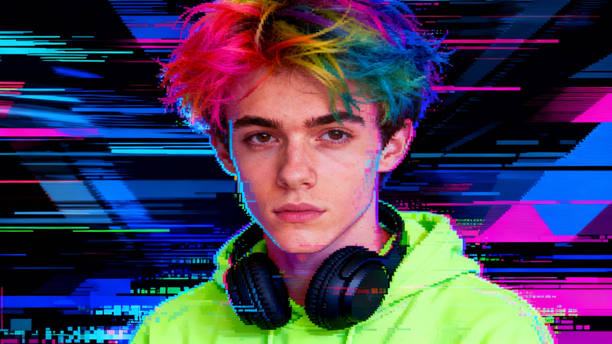 A polished glitch art portrait of a young man with multicolored hair and headphones, featuring vibrant neon colors and digital distortion effects like pixelation and RGB splitting, set against an abstract background.