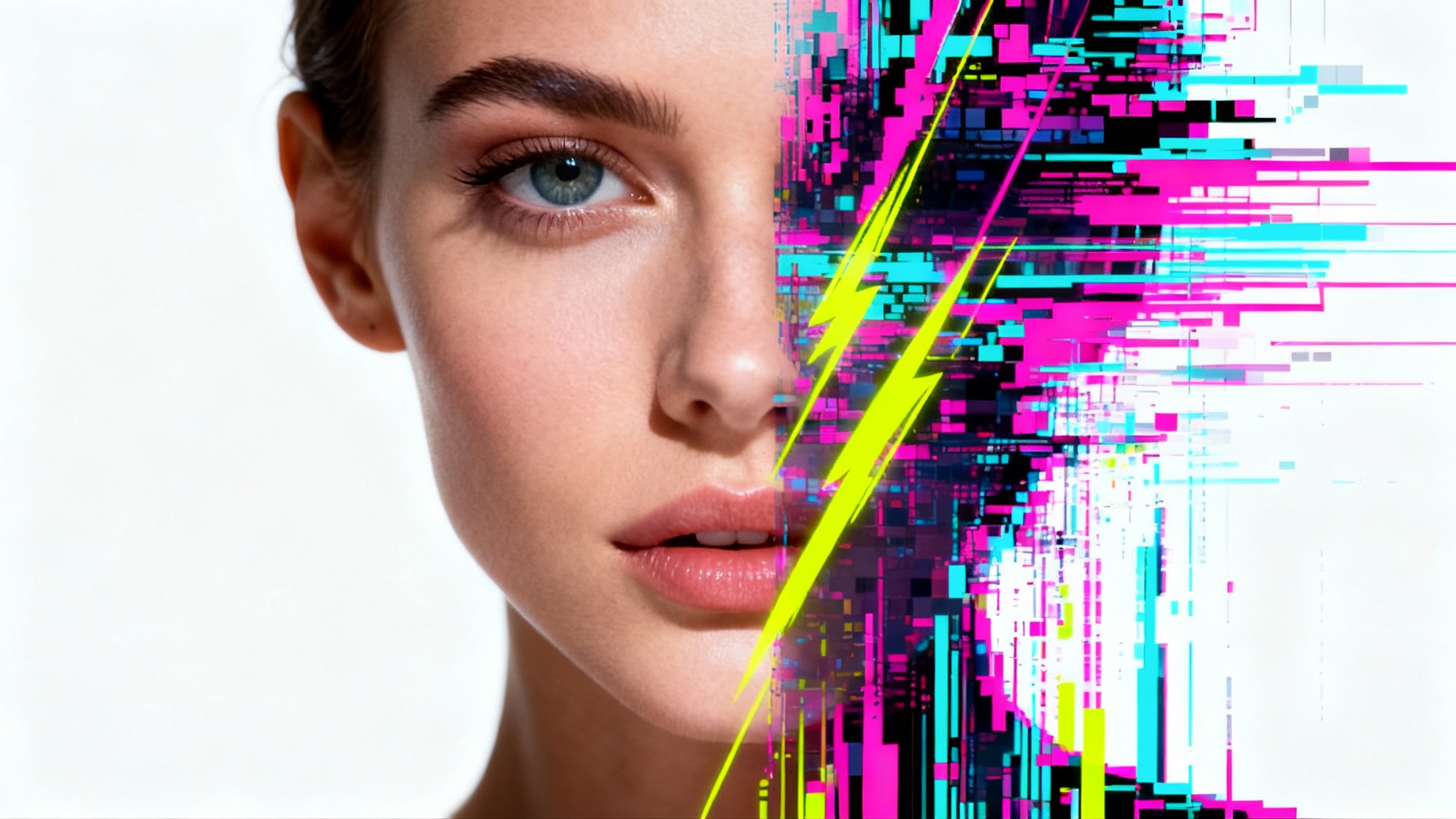 A creative portrait of a woman's face dramatically distorted with a colorful digital glitch effect on one side, isolated on a clean white background.