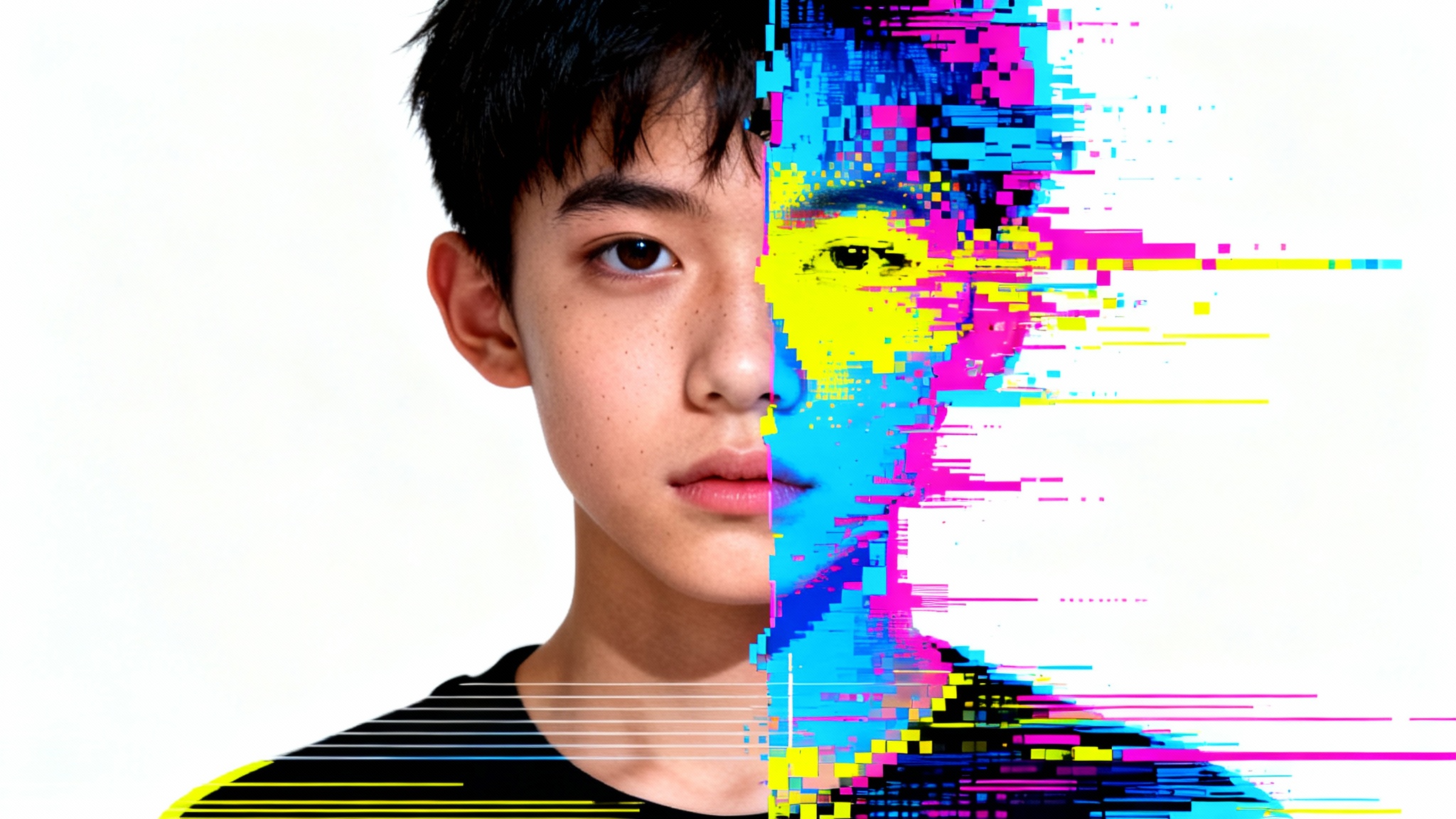A stylized portrait of a person with a heavy digital glitch effect, showing color separation, pixelation, and scan lines, set against a plain white background.