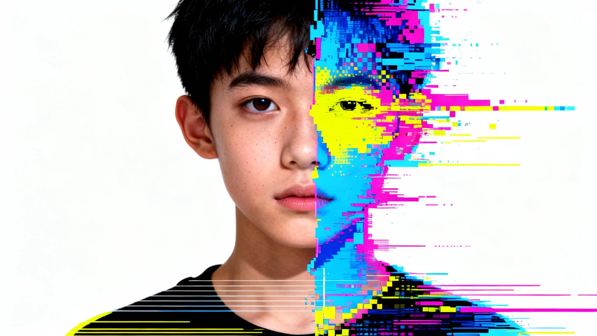 A stylized portrait of a person with a heavy digital glitch effect, showing color separation, pixelation, and scan lines, set against a plain white background.