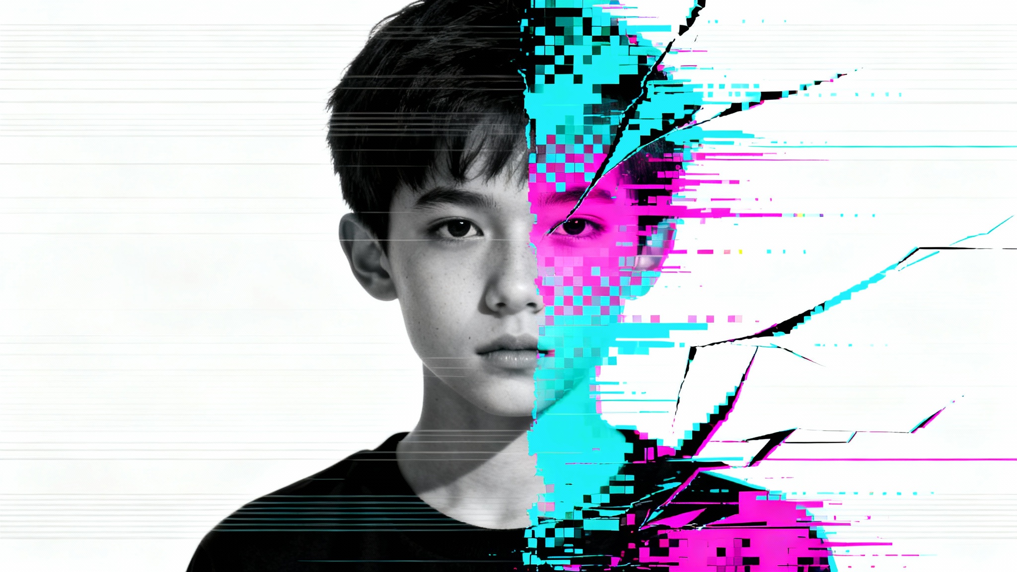 A high-quality portrait of a person with a dramatic glitch effect on one side of their face, featuring neon pixelation and scan lines against a stark white background.