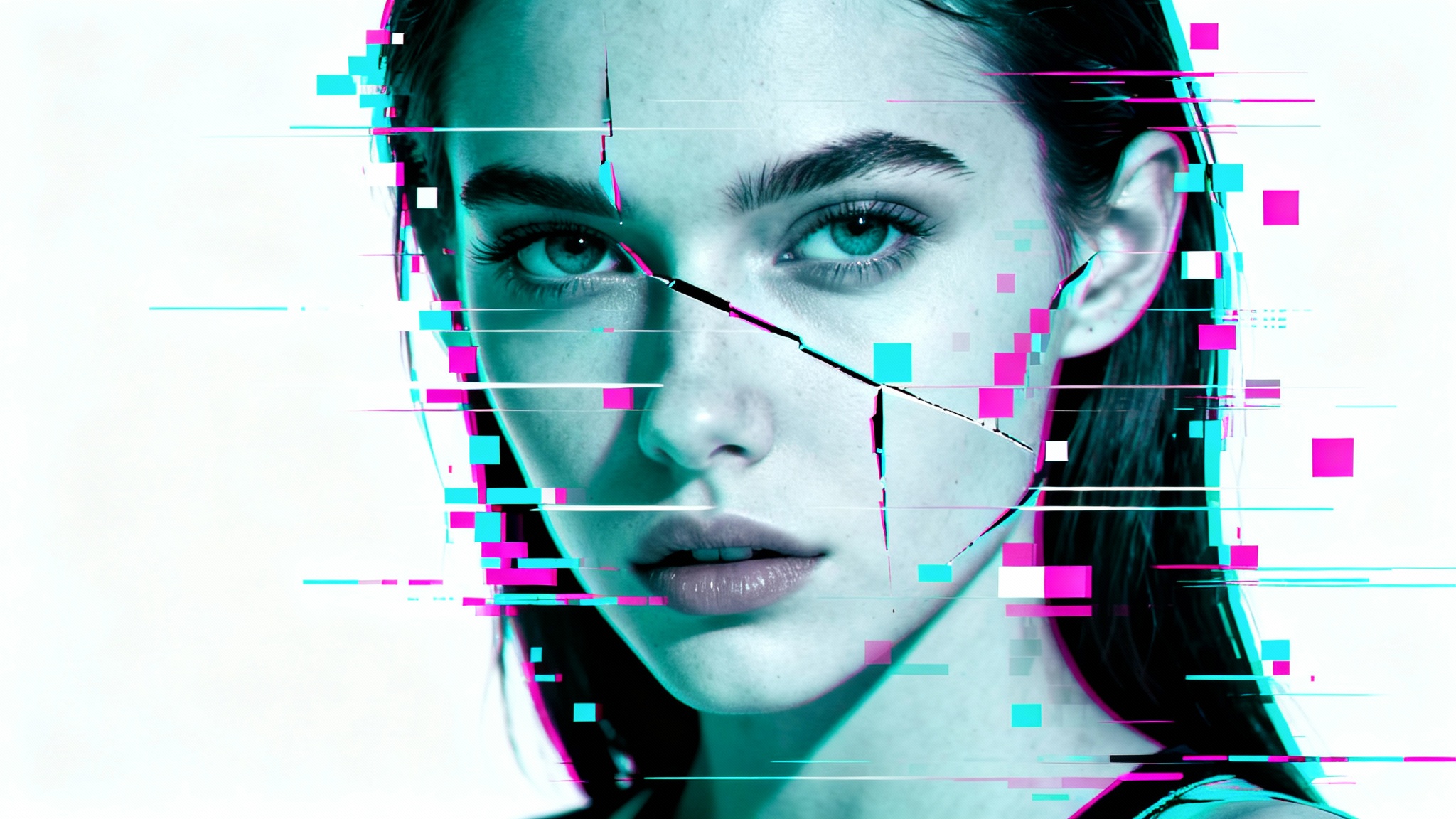 An artistic close-up portrait of a woman's face being distorted by vibrant digital glitch effects, including color separation and pixelation, against a solid white background.
