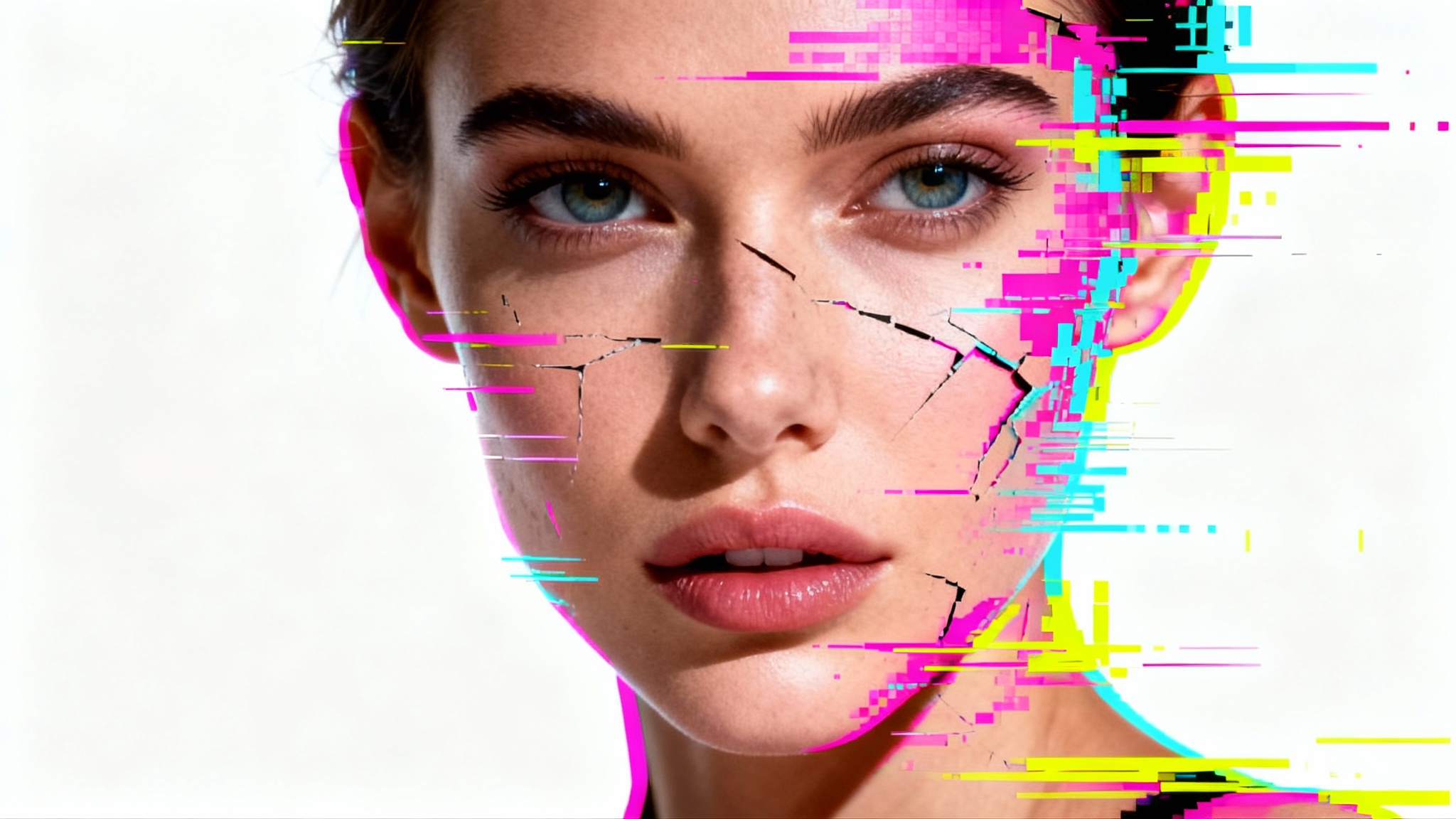 A hyper-realistic glitch art portrait of a woman's face, showing vibrant digital distortions like color splitting and pixelation against a stark white background.