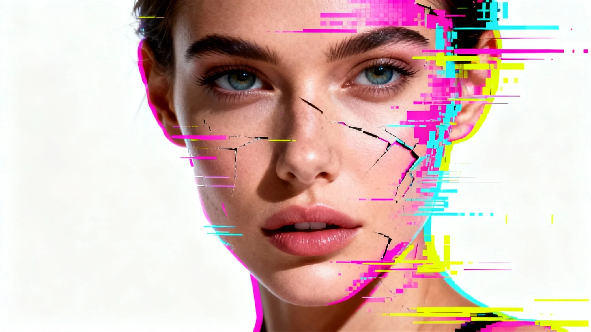 A hyper-realistic glitch art portrait of a woman's face, showing vibrant digital distortions like color splitting and pixelation against a stark white background.