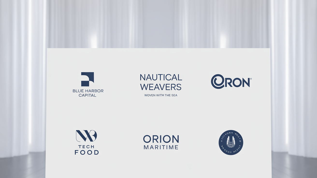 A gallery of three professionally designed logos, all featuring a navy blue color scheme, displayed in a clean grid format. The logos are for fictional companies and showcase different design styles.