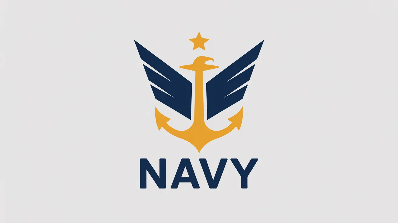 A modern navy logo mockup featuring a gold anchor and a navy blue eagle on a white background, with the word 'NAVY' displayed prominently underneath.
