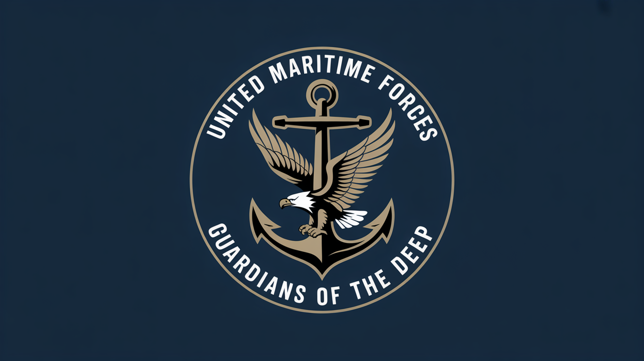 A professional navy logo mockup on a white background, featuring a gold anchor and eagle on a navy blue circle with the text 'United Maritime Forces' and 'Guardians of the Deep'.