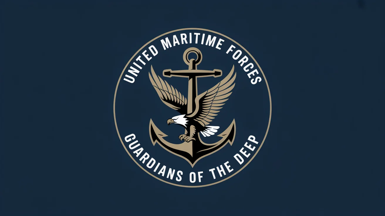 A professional navy logo mockup on a white background, featuring a gold anchor and eagle on a navy blue circle with the text 'United Maritime Forces' and 'Guardians of the Deep'.