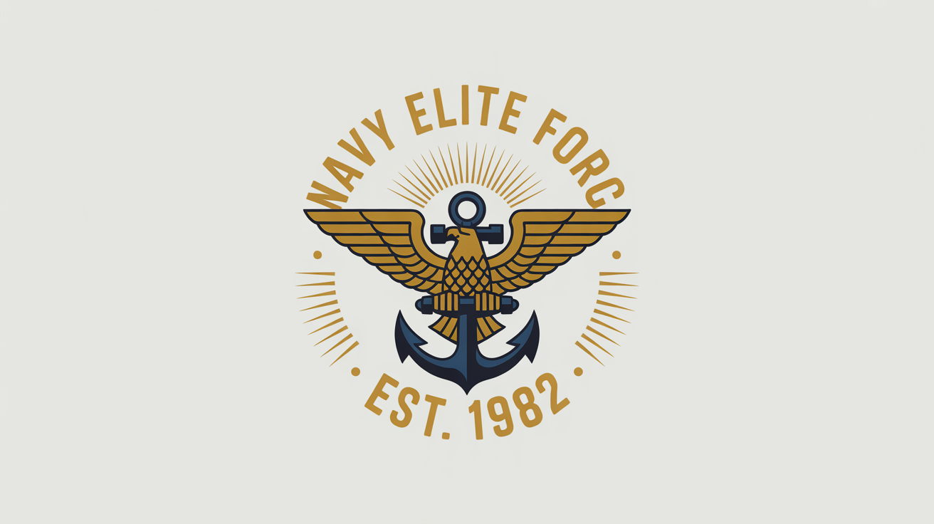 A professional logo for a navy force, featuring a golden eagle holding a navy blue anchor, with the words 'NAVY ELITE FORCE' on a white background.