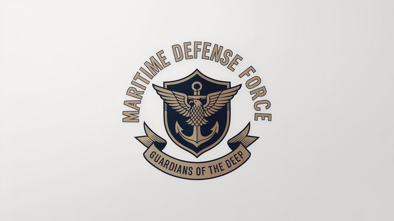 A modern navy logo mockup on a white background. The logo consists of a gold eagle atop a navy blue shield with a gold anchor, with the text "MARITIME DEFENSE FORCE" above and "GUARDIANS OF THE DEEP" below.