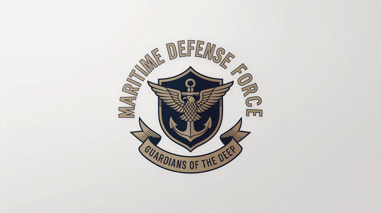 A modern navy logo mockup on a white background. The logo consists of a gold eagle atop a navy blue shield with a gold anchor, with the text "MARITIME DEFENSE FORCE" above and "GUARDIANS OF THE DEEP" below.