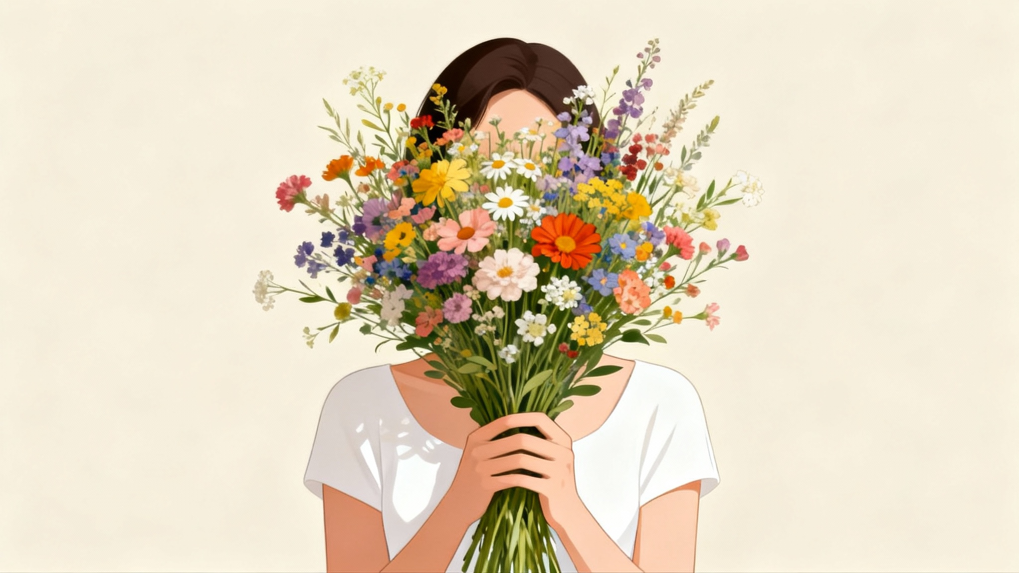 An artistic digital illustration of a faceless portrait. A woman in a white top holds a large bouquet of colorful flowers in front of her face, hiding it completely. The background is a soft, neutral color.