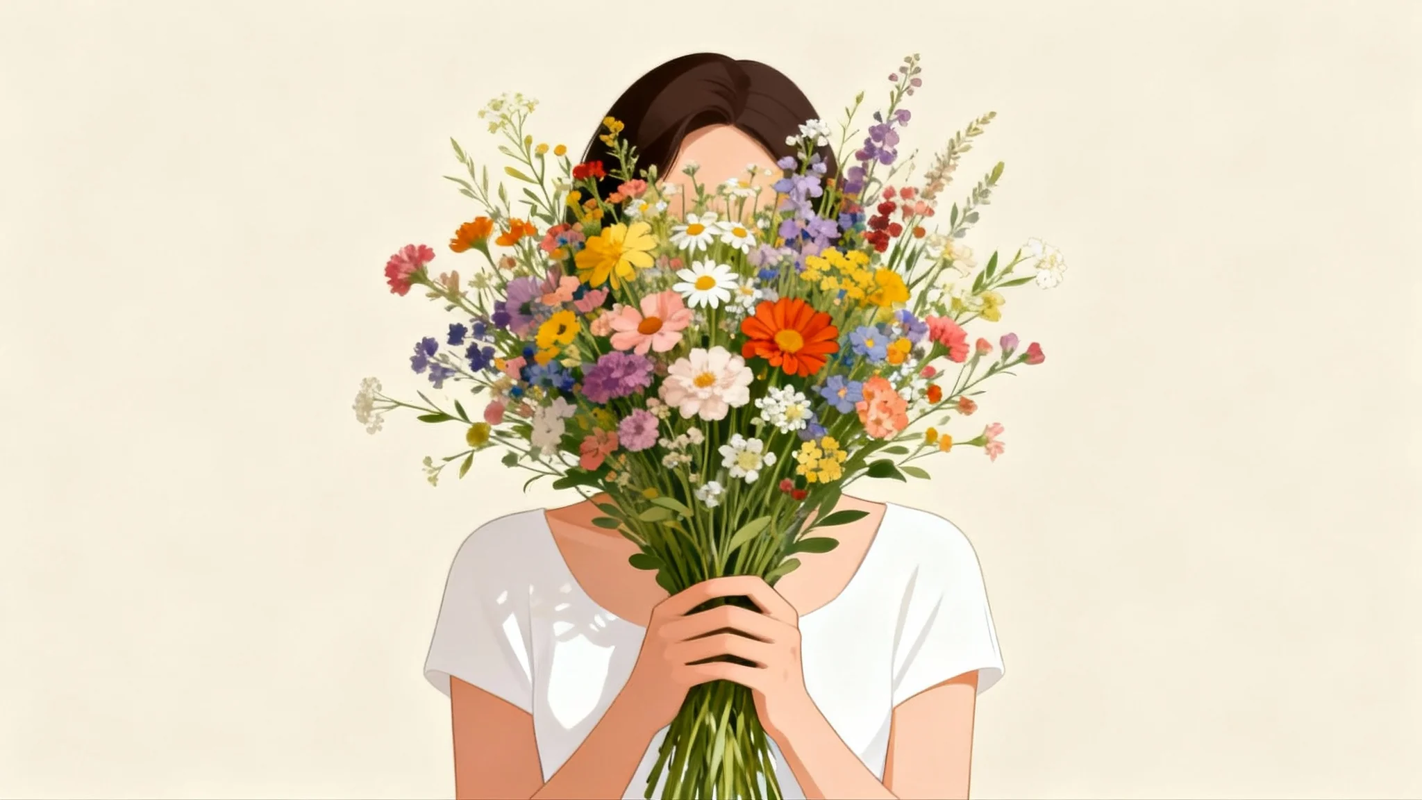 An artistic digital illustration of a faceless portrait. A woman in a white top holds a large bouquet of colorful flowers in front of her face, hiding it completely. The background is a soft, neutral color.
