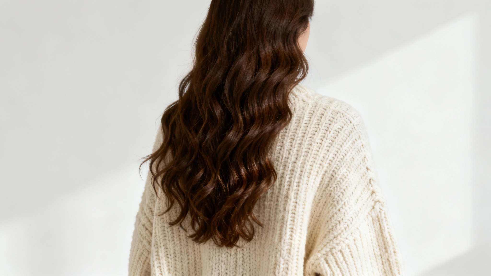 A modern and artistic faceless portrait of a woman seen from behind, her long wavy hair flowing over a cozy cream-colored knit sweater, against a plain white background.