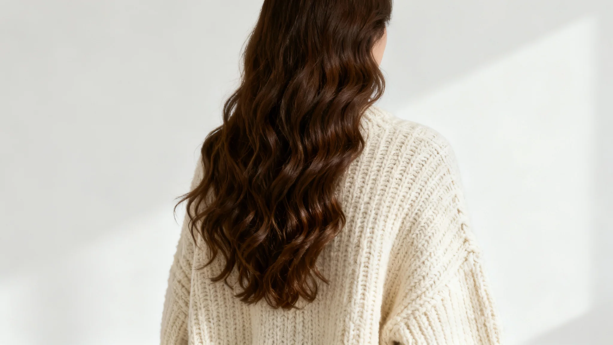 A modern and artistic faceless portrait of a woman seen from behind, her long wavy hair flowing over a cozy cream-colored knit sweater, against a plain white background.