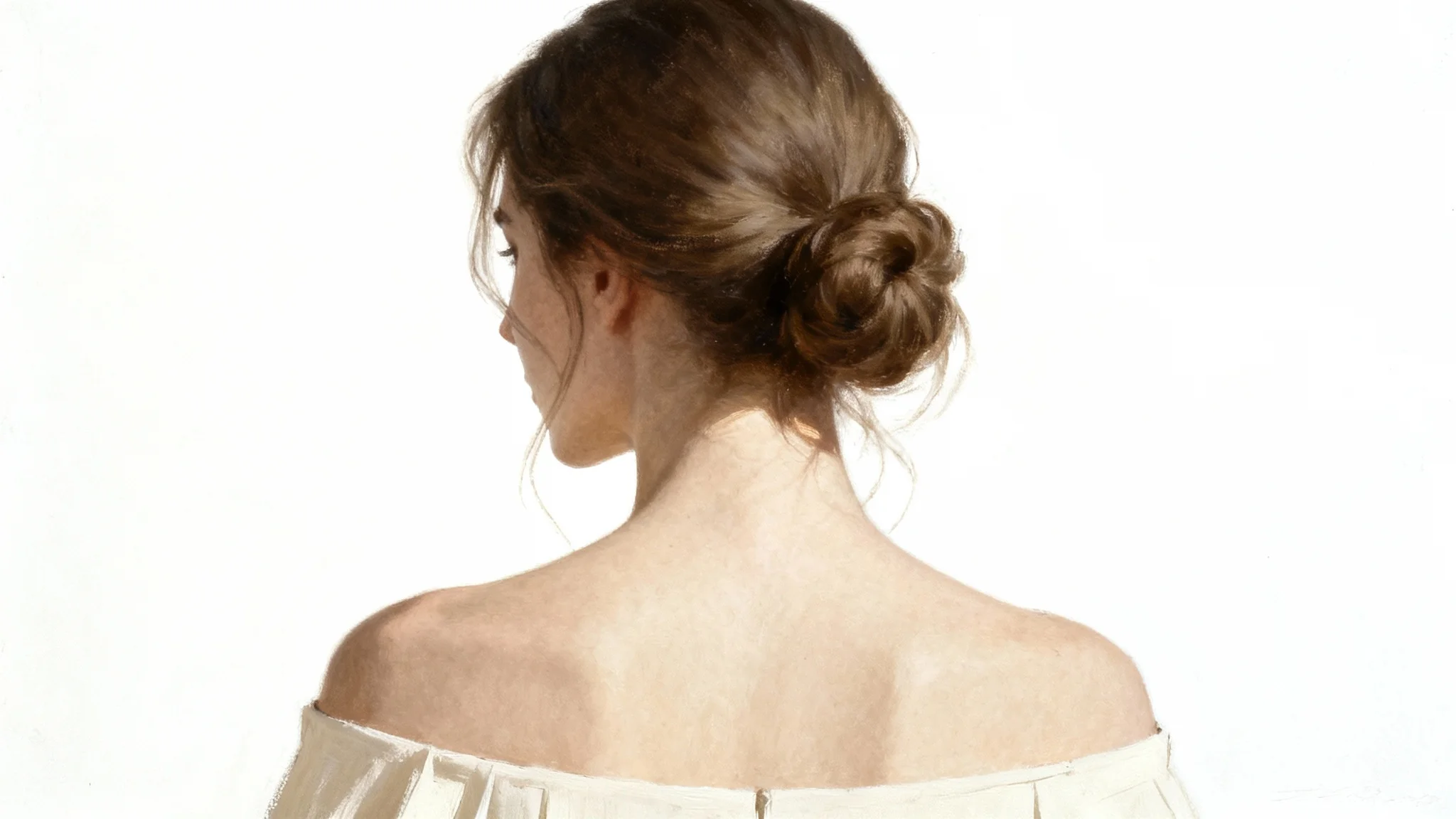 An artistic, minimalist faceless portrait of a woman viewed from behind, her hair in a chic bun, against a clean white background.