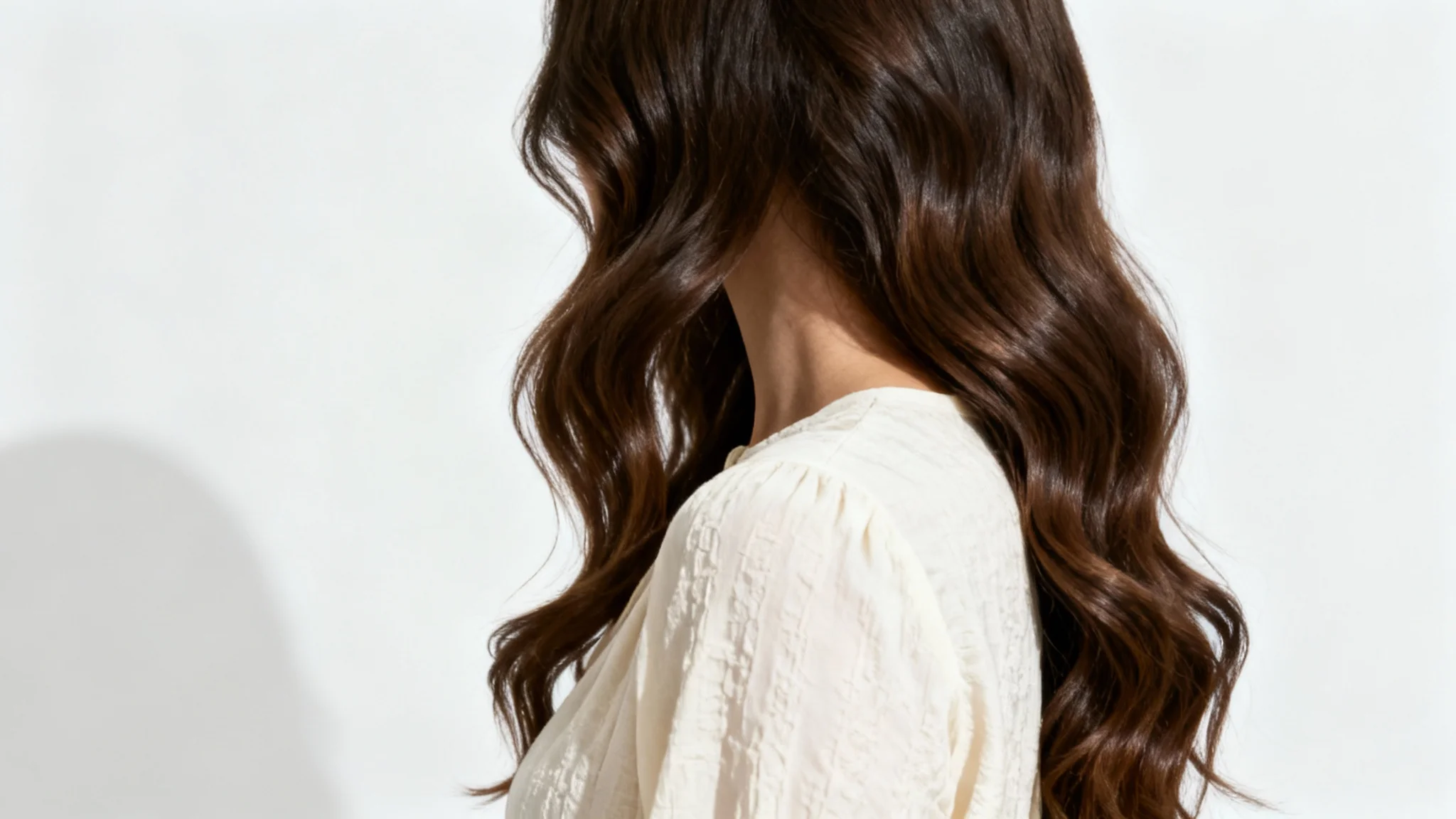 An artistic faceless portrait of a woman with long brown hair obscuring her face, set against a clean white background.
