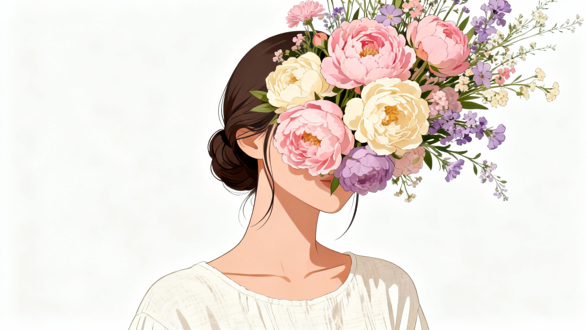 An artistic digital illustration of a faceless portrait where a woman's face is hidden behind a large bouquet of pink and cream flowers, set against a plain white background.