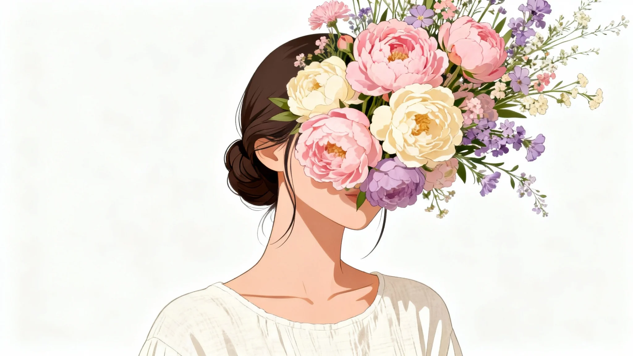 An artistic digital illustration of a faceless portrait where a woman's face is hidden behind a large bouquet of pink and cream flowers, set against a plain white background.