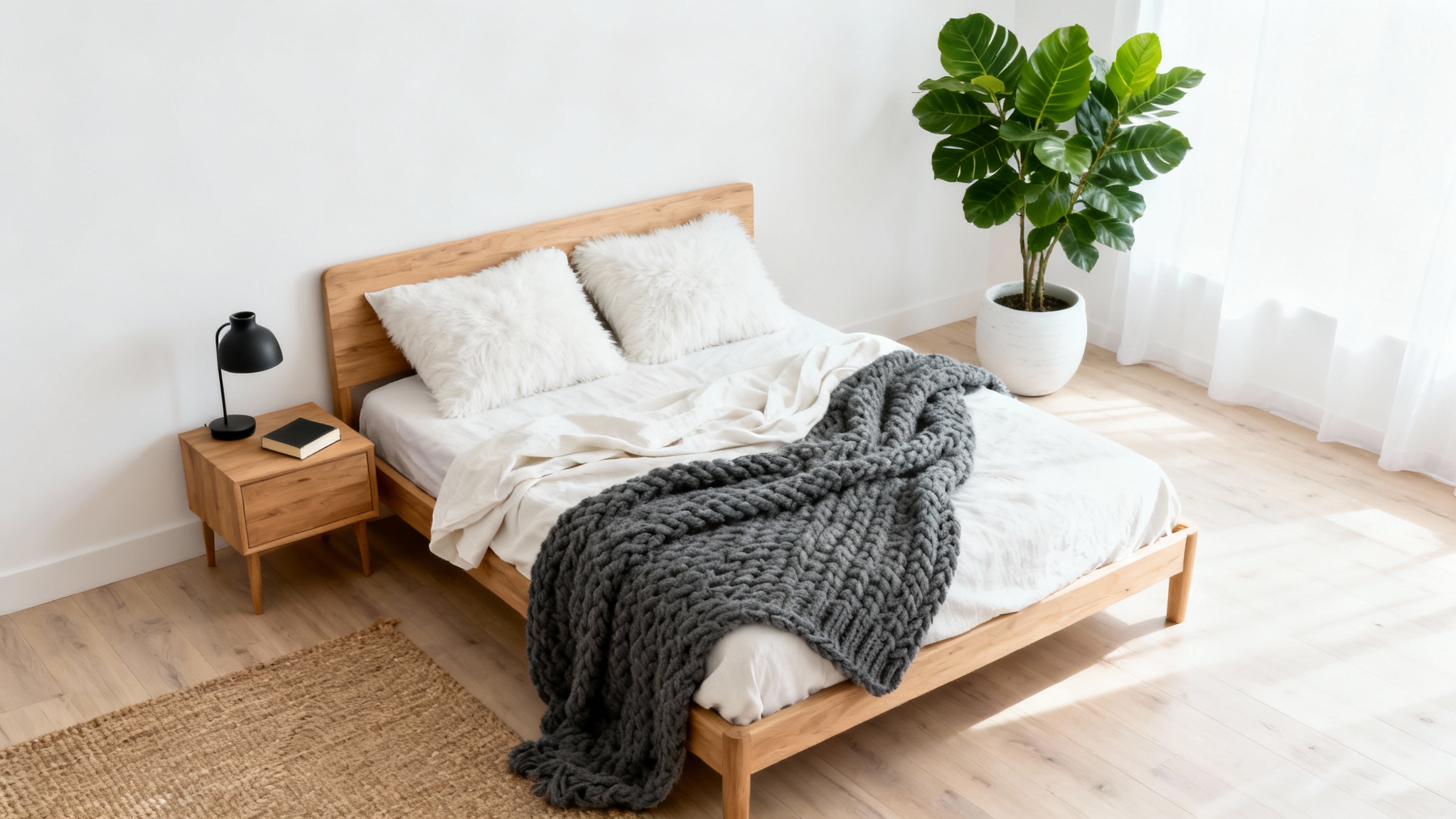 A photorealistic mockup of a Scandinavian bedroom design featuring a light wood bed with neutral bedding, a jute rug, and a potted plant, all set against a clean white background.