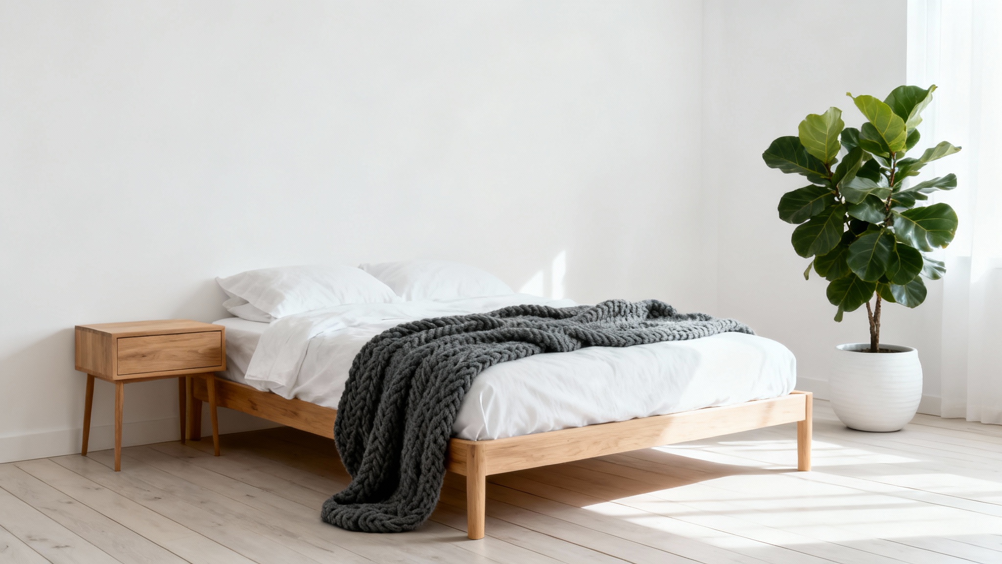 A serene and minimalist Scandinavian bedroom with a light wood bed, white linens, a gray knit blanket, and a large potted plant, all set against a clean white background.