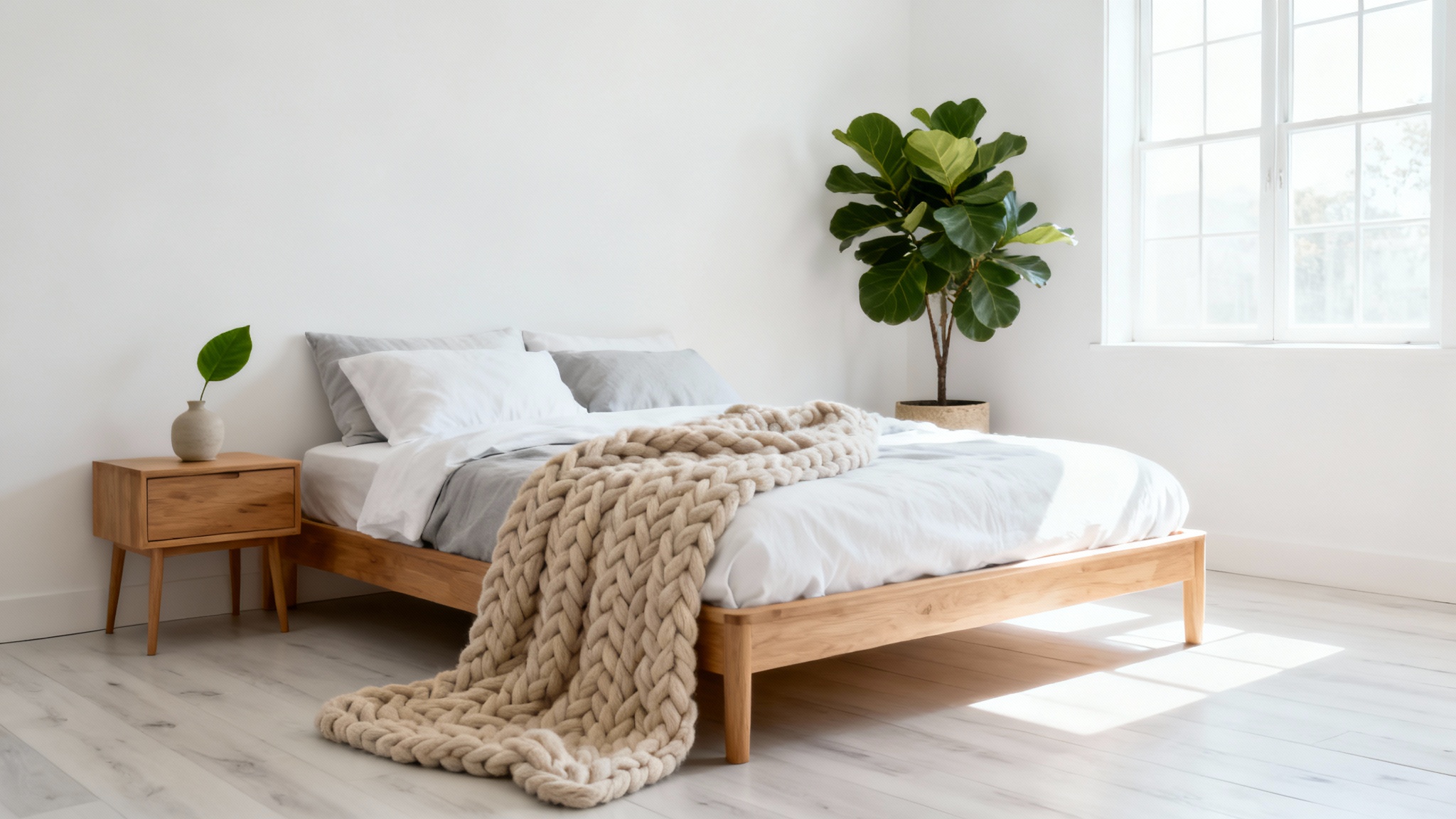 A bright and serene Scandinavian bedroom with a light wood bed, neutral-toned bedding, a potted Fiddle Leaf Fig, and natural light streaming through a window.