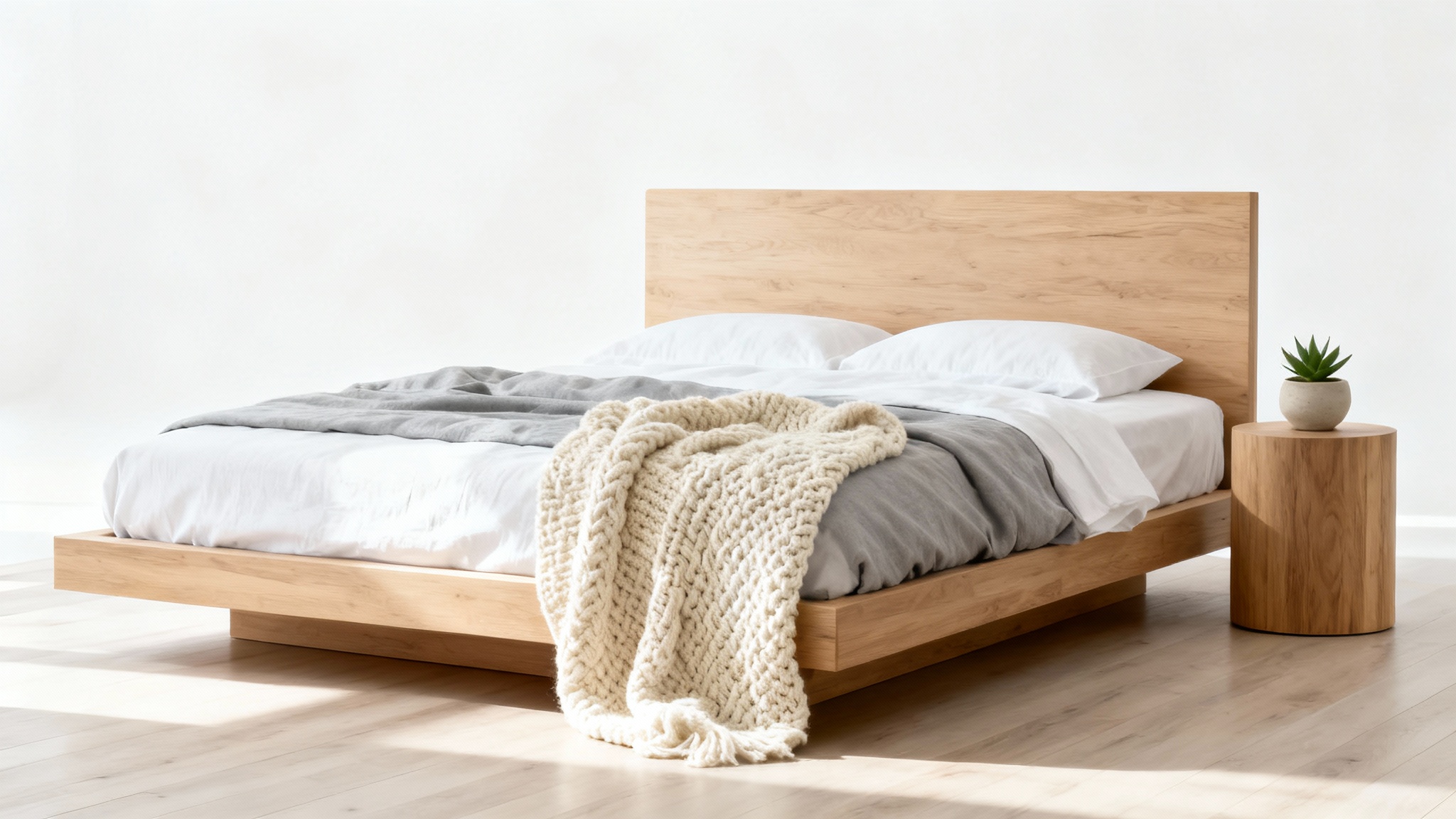 A minimalist Scandinavian bedroom design featuring a light wood bed with neutral-toned bedding, a simple nightstand, and a plant, all set against a clean white background.