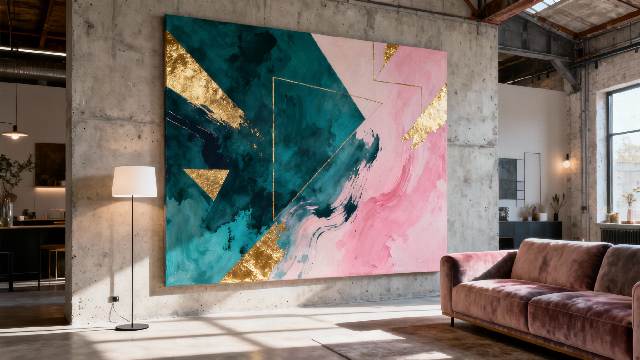 A large, vibrant abstract wall mural mockup in a stylish, modern living room, serving as an eye-catching centerpiece.