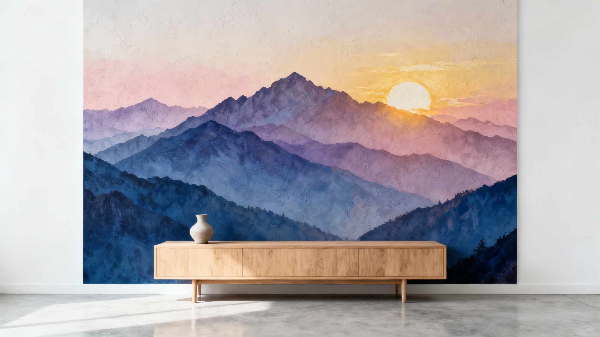 A photorealistic mockup of a modern room with a large wall mural of a stylized mountain range at sunrise, placed on a clean white background.