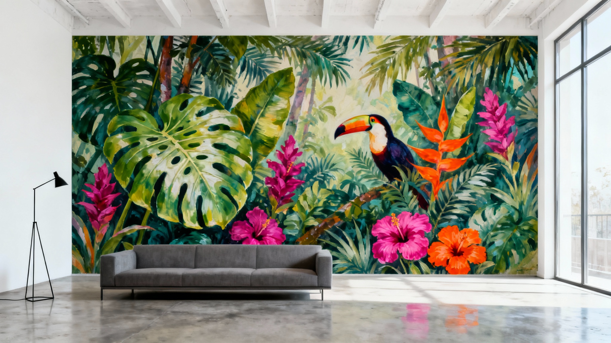A modern living room with a large wall mural depicting a vibrant tropical jungle scene. A minimalist grey sofa and floor lamp are in the foreground, showcasing the mural as the room's centerpiece.