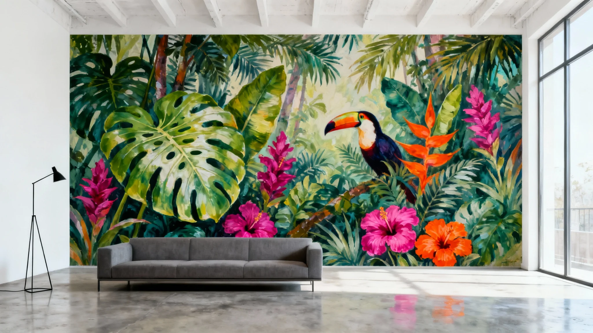 A modern living room with a large wall mural depicting a vibrant tropical jungle scene. A minimalist grey sofa and floor lamp are in the foreground, showcasing the mural as the room's centerpiece.
