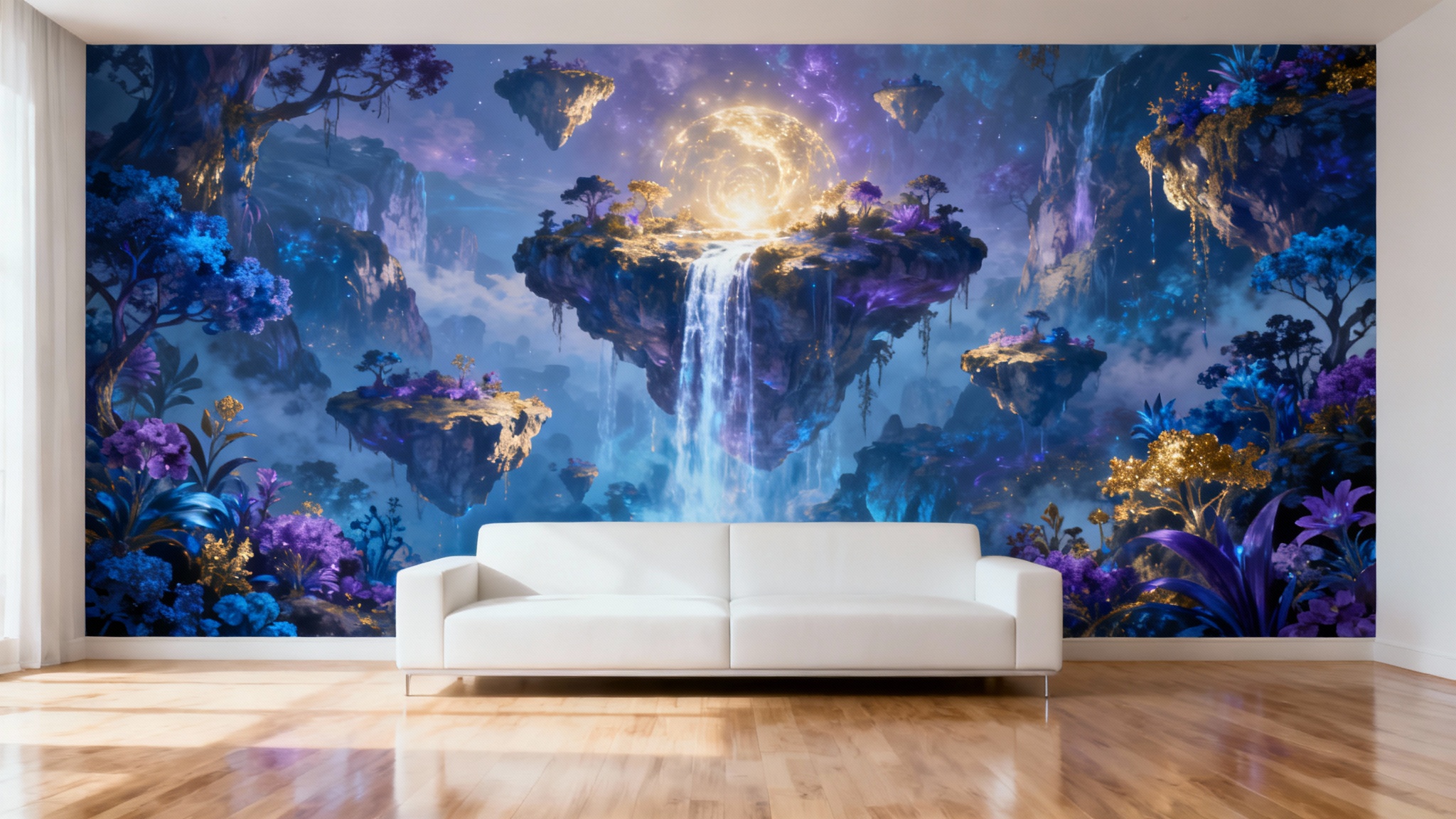 A photorealistic mockup of a large wall mural in a modern living room, depicting a magical fantasy landscape behind a minimalist white sofa.