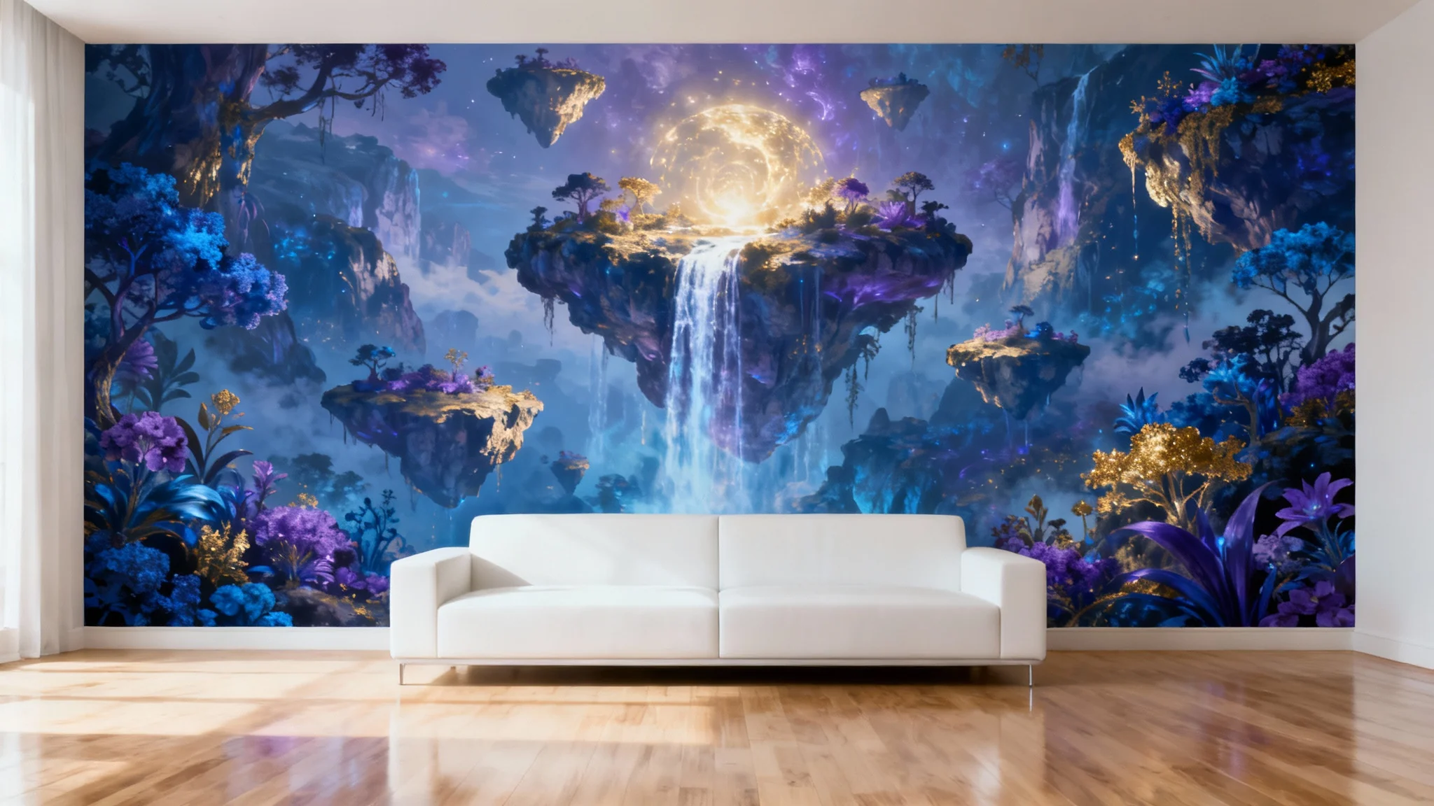 A photorealistic mockup of a large wall mural in a modern living room, depicting a magical fantasy landscape behind a minimalist white sofa.