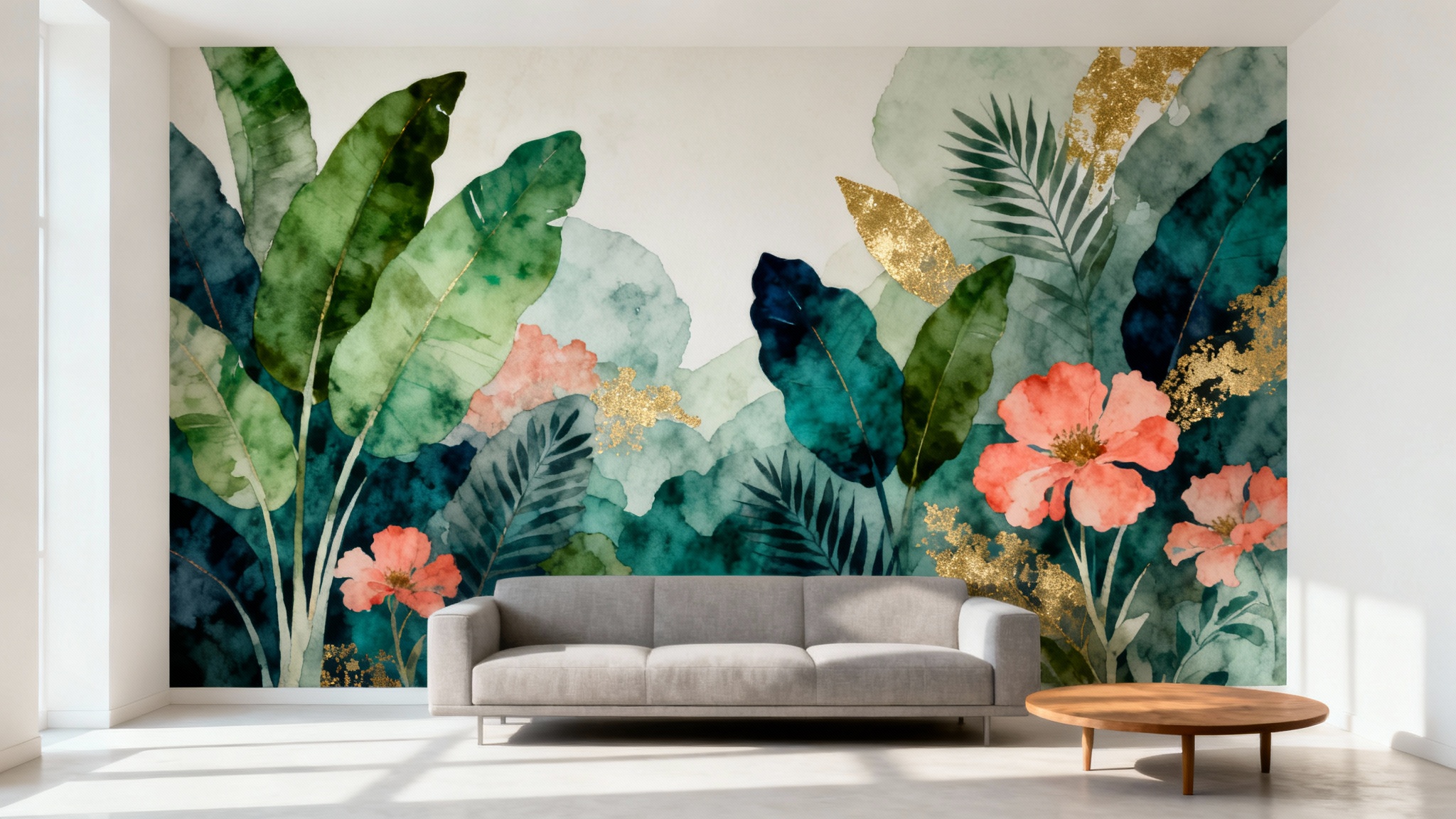 A modern living room mockup showcasing a large, vibrant wall mural with an abstract floral and leaf design, complemented by a minimalist gray sofa.