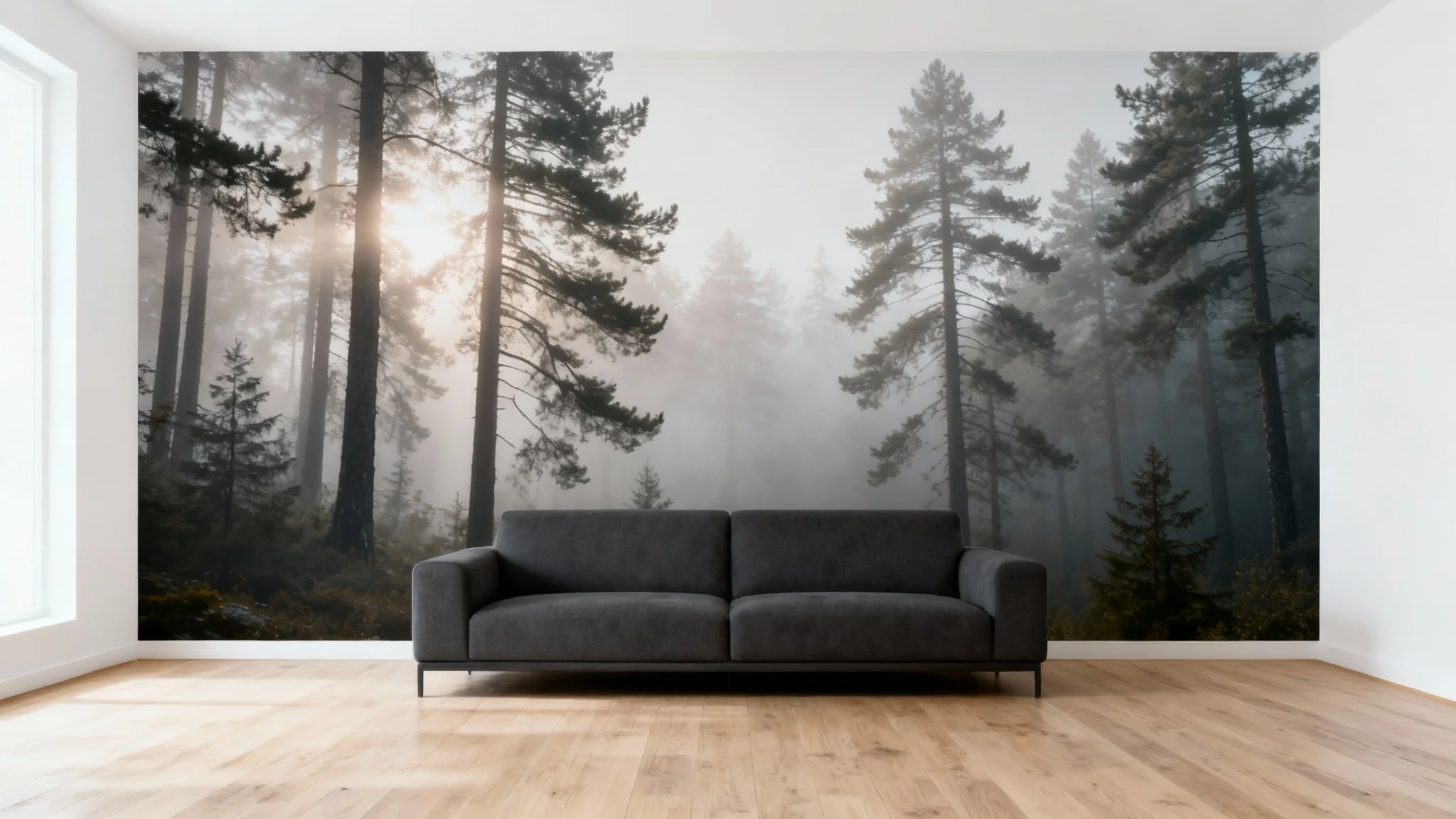 A modern living room with a large, photorealistic wall mural of a misty forest scene behind a contemporary gray sofa.