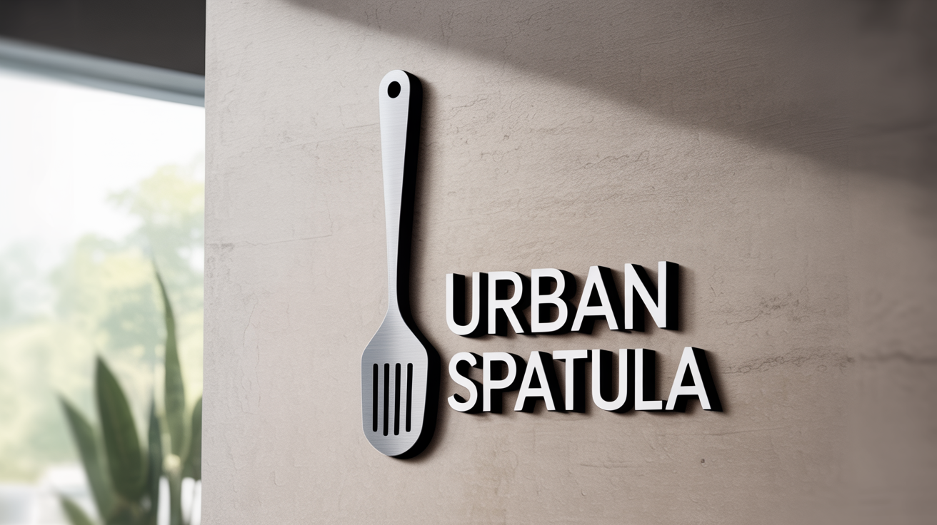 A professional 3D logo for a culinary brand named 'Urban Spatula', featuring a brushed metal spatula icon, mounted on a modern concrete wall.