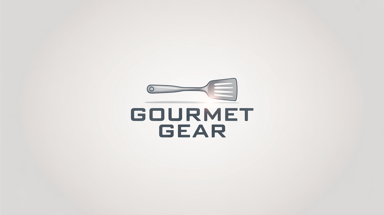 A professional mockup of a spatula logo for the brand 'Gourmet Gear', featuring a silver spatula icon above the brand name on a white background.