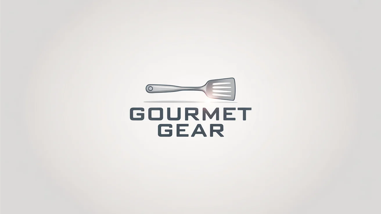 A professional mockup of a spatula logo for the brand 'Gourmet Gear', featuring a silver spatula icon above the brand name on a white background.