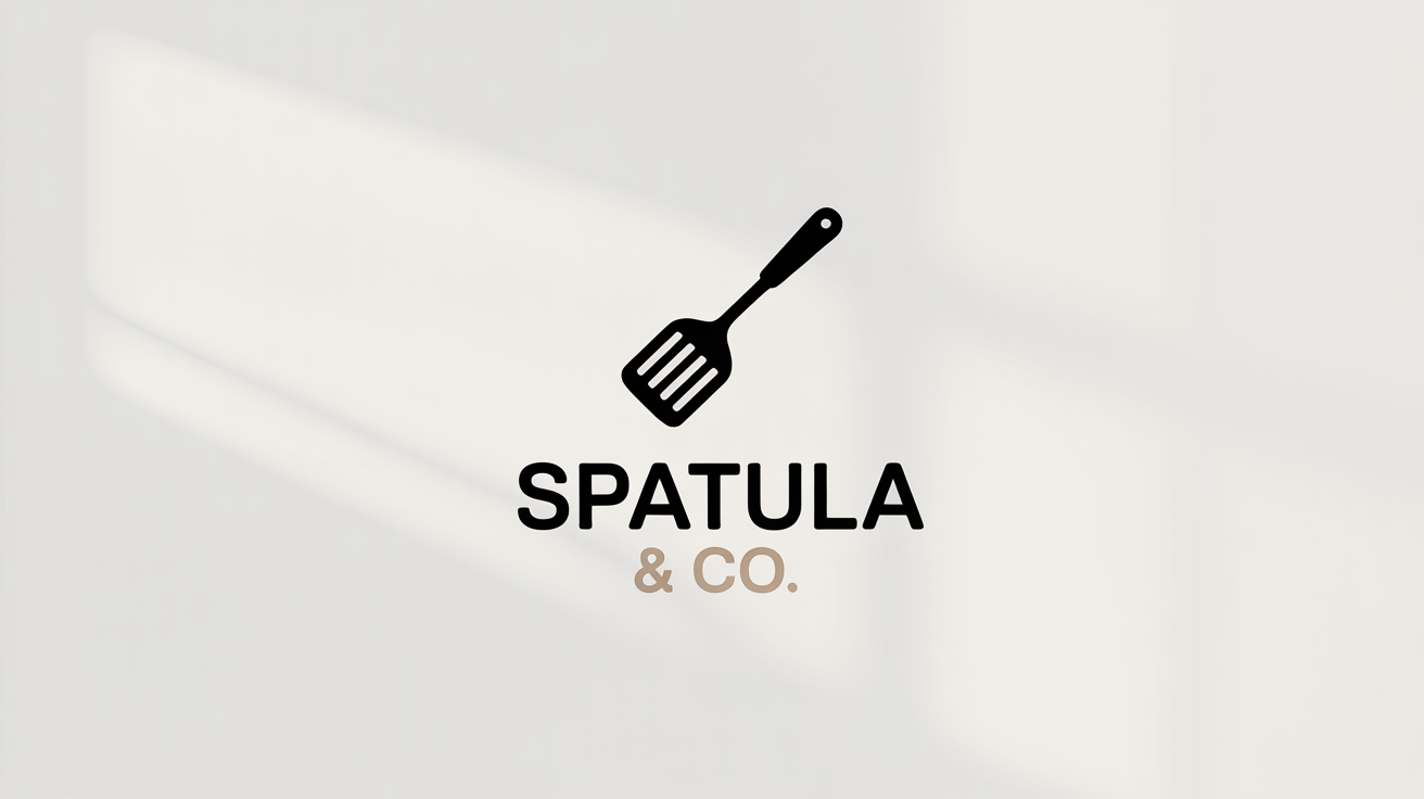 A minimalist logo for a culinary brand named 'Spatula & Co.', featuring a sleek black spatula icon above the text, all set against a clean white background.