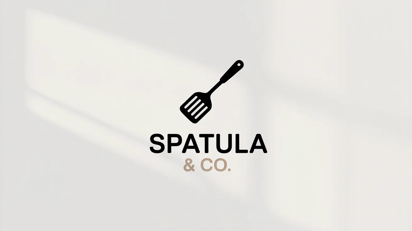 A minimalist logo for a culinary brand named 'Spatula & Co.', featuring a sleek black spatula icon above the text, all set against a clean white background.